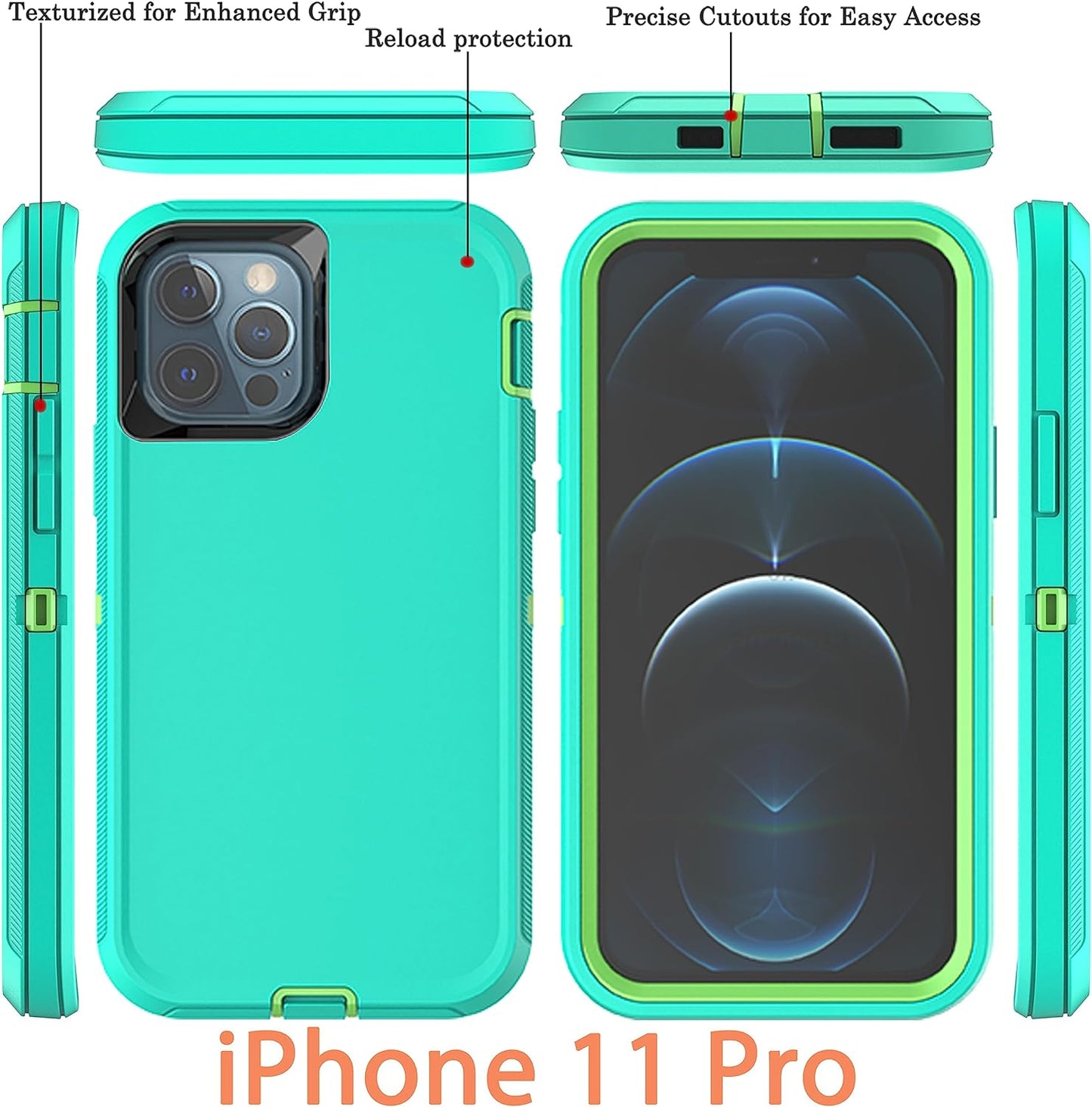 Ymhxcy for Iphone 11 Pro Case Shockproof Dropproof Dust-Proof Drop Proof 3-Layer Durable Phone Case Heavy Duty Protection Phone Case Cover for Apple Iphone 11 Pro 5.8“ Aqua Blue and Lime Green  YmhxcY   
