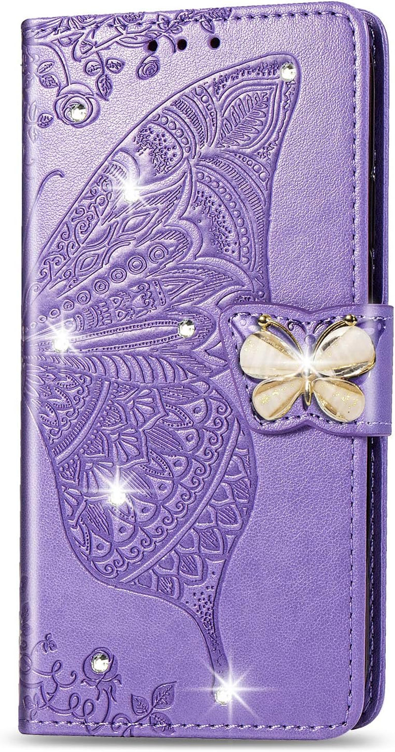 ZYZX LG G8 Thinq Wallet Case,3D Butterfly Flower LG G8 Thinq PU Leather Flip Phone Shell, with Credit Cards Slot and Stand Shockproof Magnetic Protective Cover-Hzd  ZYZX Rhinestone Light Purple  