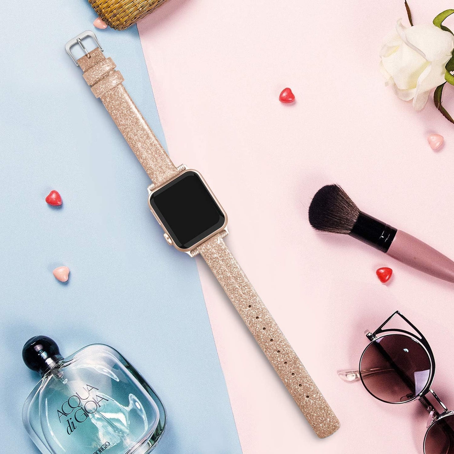 Yutior Leather Bands Compatible for Watch 38Mm 40Mm 41Mm, Slim Wristband for Watch Iwatch Bands 38Mm Series SE 7 6 5 4 3 2 1 Women Bling Rose Gold Leather, Ladies Girls Beaded Thin Strap Bracelet  Yutior   