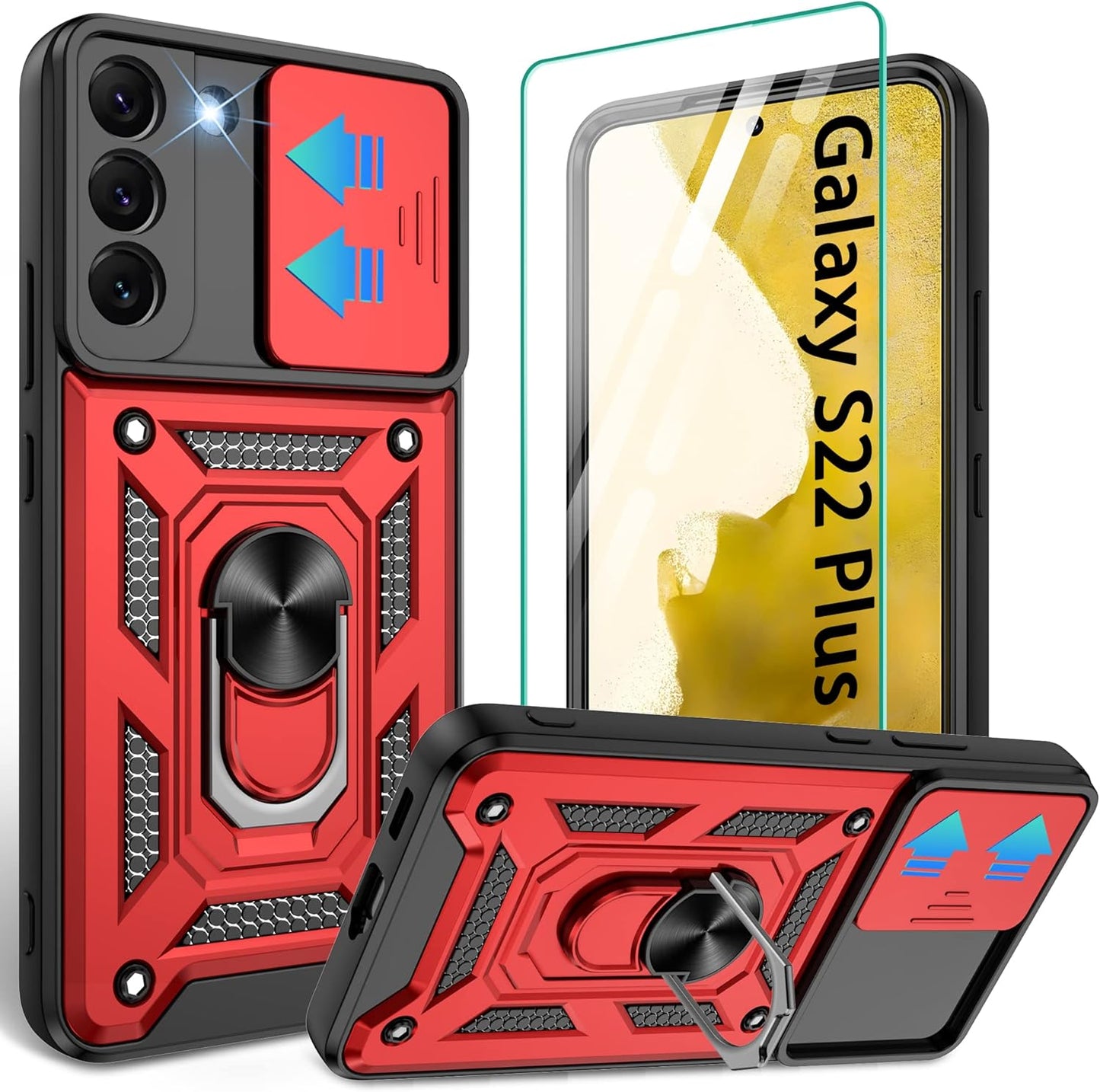 Compatible with Samsung Galaxy S22 plus Case, S22 plus Case with HD Screen Protector with Slide Camera Cover, 360°Rotation Ring Kickstand [Military Grade] Case for Galaxy S22+/S22 plus （Blue  Gritup 1-Red  