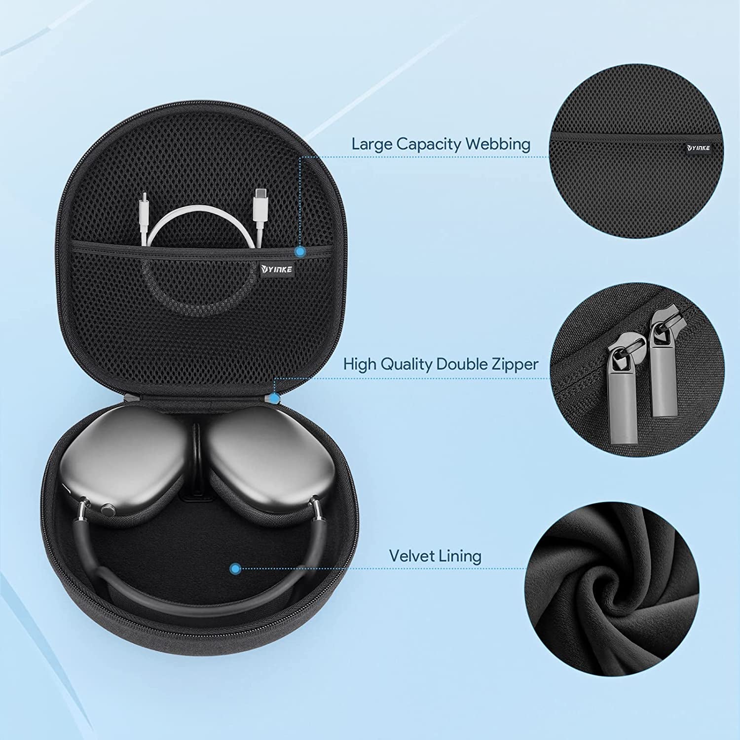 Yinke Smart Case for Apple Airpods Max Supports Sleep Mode, Hard Organizer Portable Carry Travel Cover Storage Bag (Black)  Yinke   