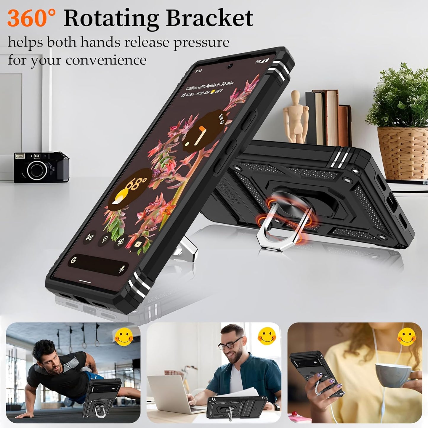 Ibaove for Google Pixel 6 Case with Slide Camera Cover+2 HD Screen Protector, [Military Grade] Shockproof Phone Case with Ring Kickstand for Google Pixel 6 Phone, Black  iBaove   