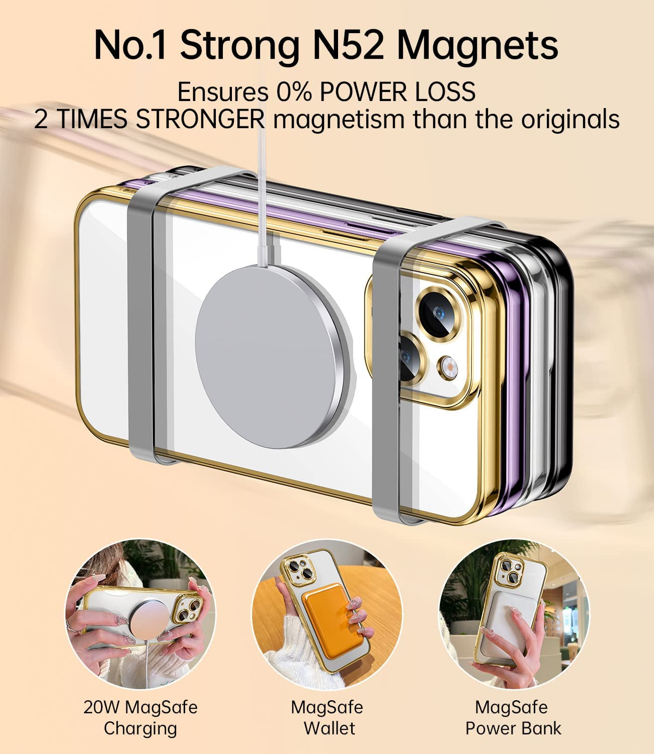 JUESHITUO Magnetic Matallic Glossy Clear for Iphone 14 Case with Full Camera Cover Protection [No.1 Strong N52 Magnets] [Military Grade Drop Protection] for Women Girls Phone Case (6.1")-Gold  JUESHITUO   