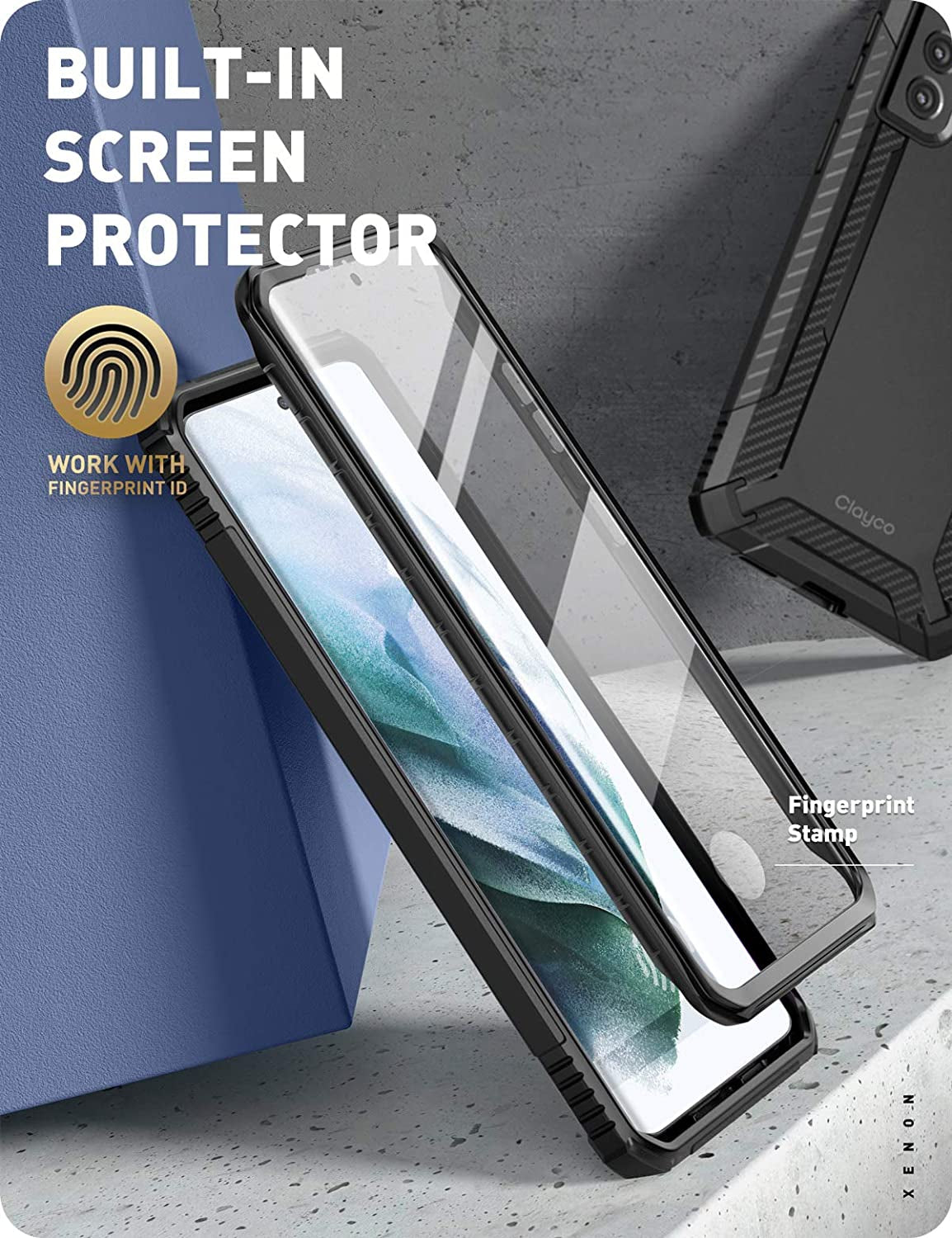 Clayco Xenon Series Case for Samsung Galaxy S21 5G, [Built-In Screen Protector] Full-Body Rugged Cover Compatible with Fingerprint Reader, 6.2 Inch 2021 Release (Black)  Clayco   