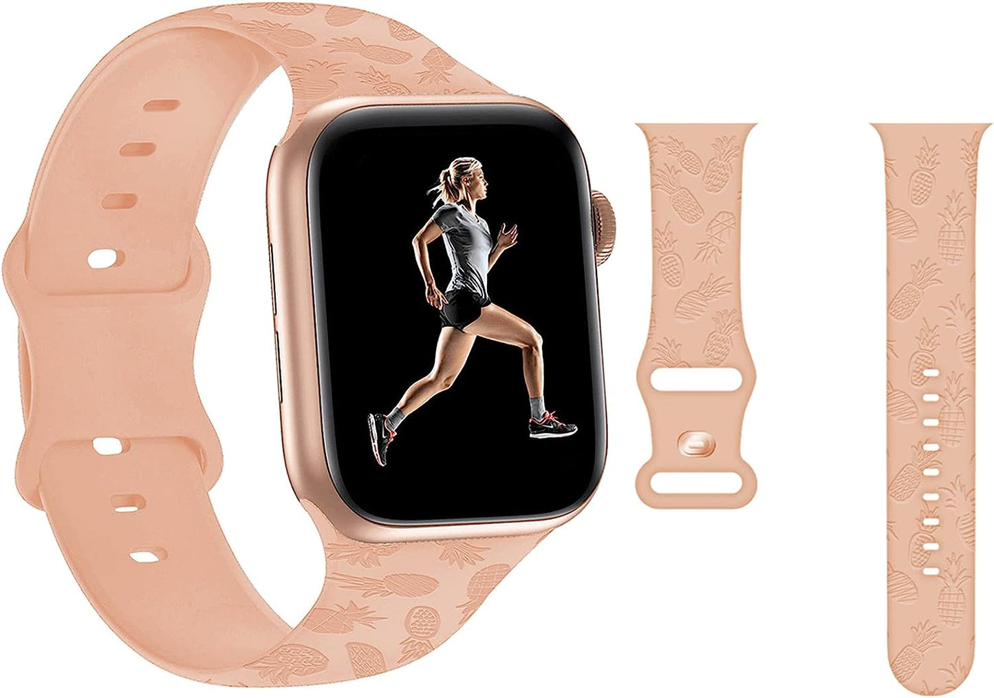 Engraved Pineapple Watch Bands Compatible with Apple Watch 42Mm 44Mm 45Mm, Men Girls Women Laser Printed Soft Silicone Sports Wristband Strap Replacement for Iwatch SE & Series 7/6/5/4/3/2/1 (Green)  Hi-Yoohere Apricot Pink Pineapple 38mm/40mm/41mm 