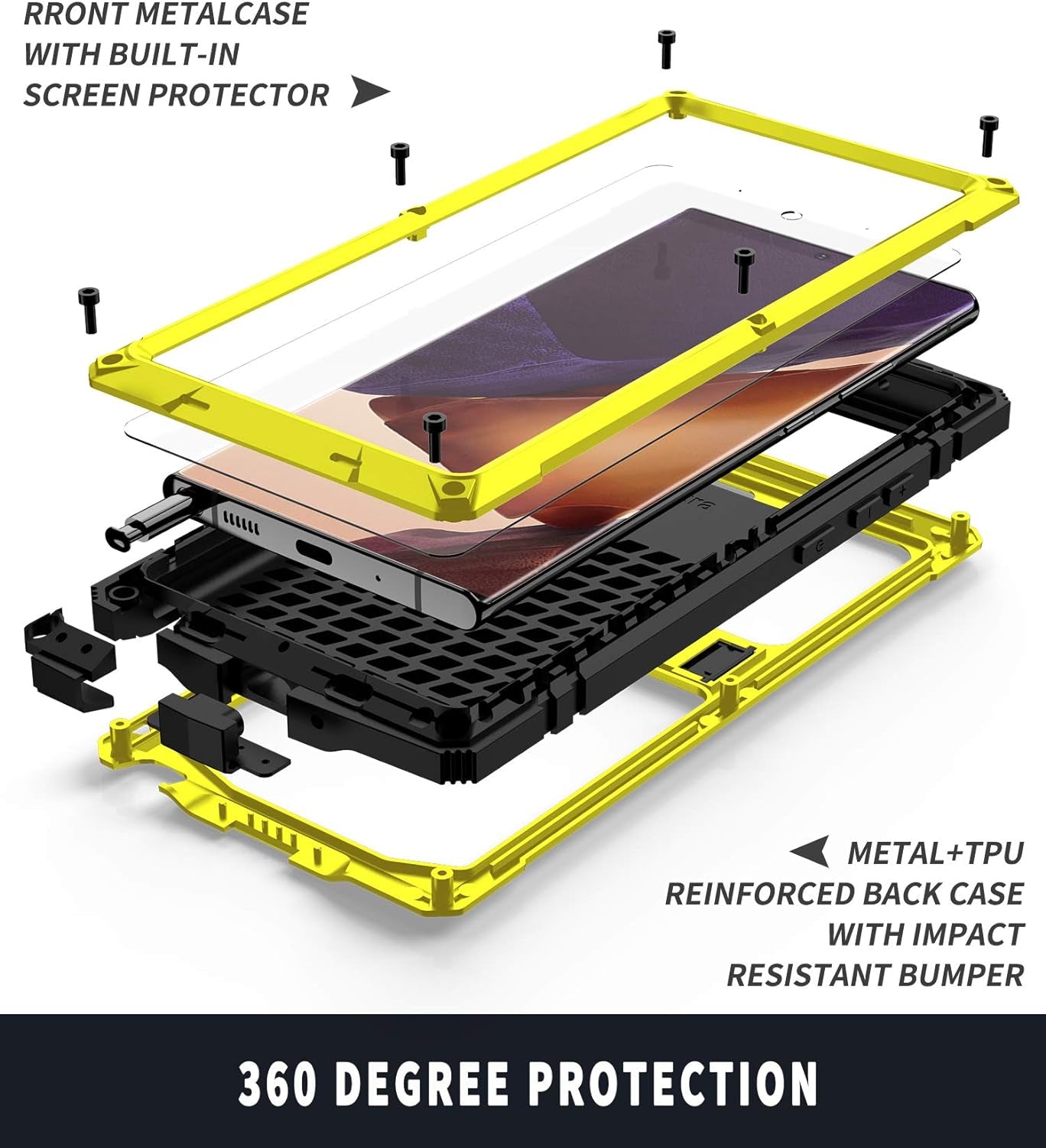 CHENXI for Samsung Galaxy Note 20 Case, Aluminum Metal Gorilla Glass Waterproof Shockproof Military Heavy Duty Sturdy Protector Cover Hard Case for Samsung Galaxy Note 20 (Yellow)  ChenXi   