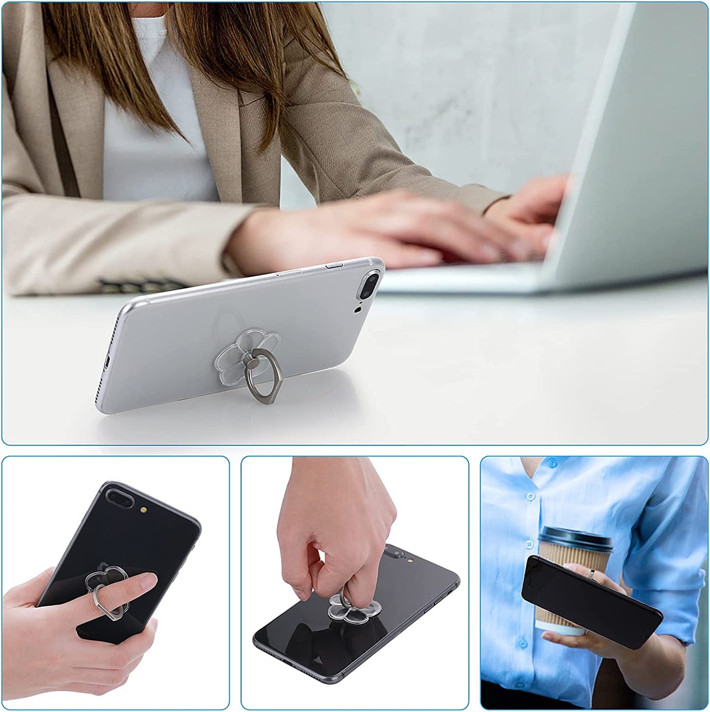 Cobee Cell Phone Ring Stands, 2 Pcs 180/360 Degree Rotation Finger Kickstand Transparent Phone Ring Holders with Diamond Glitter Finger Mount with Grip for Most Smartphones(Flower-Style)  cobee   