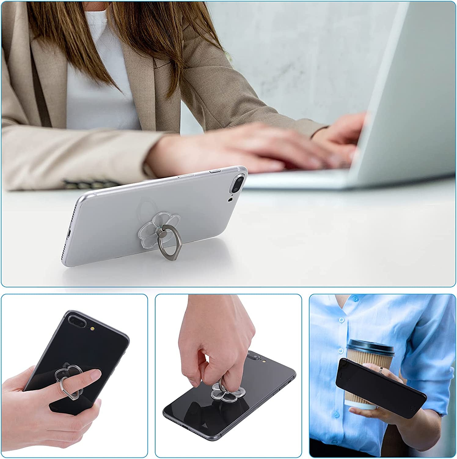 Cobee Cell Phone Ring Stands, 2 Pcs 180/360 Degree Rotation Finger Kickstand Transparent Phone Ring Holders with Diamond Glitter Finger Mount with Grip for Most Smartphones(Flower-Style)  cobee   