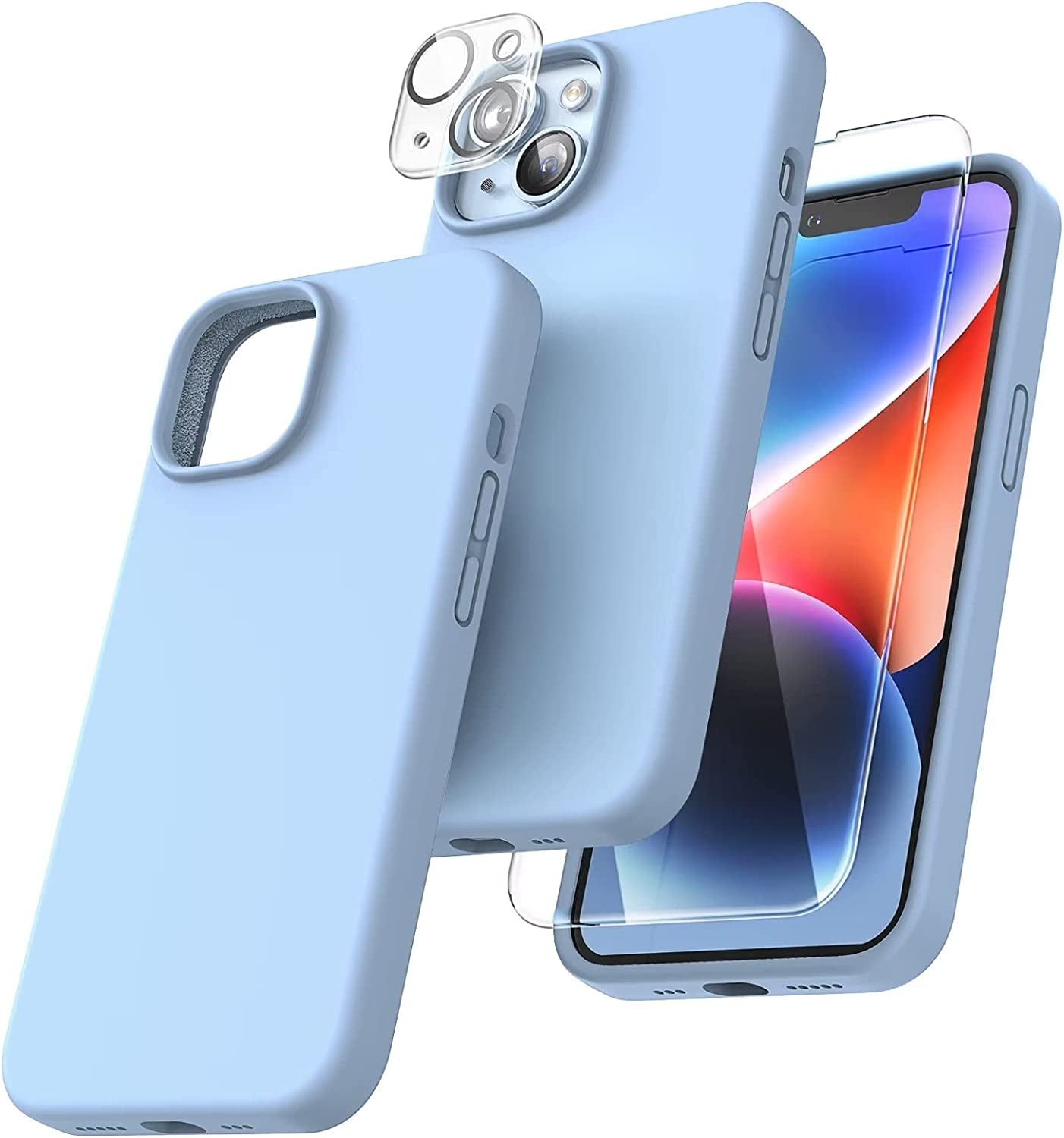 TOCOL [5 in 1 Designed for Iphone 14 Case, with 2 Pack Screen Protector + 2 Pack Camera Lens Protector, Liquid Silicone Phone Case 6.1 Inch, [Anti-Scratch] [Drop Protection], Blue  TOCOL Sky Blue  