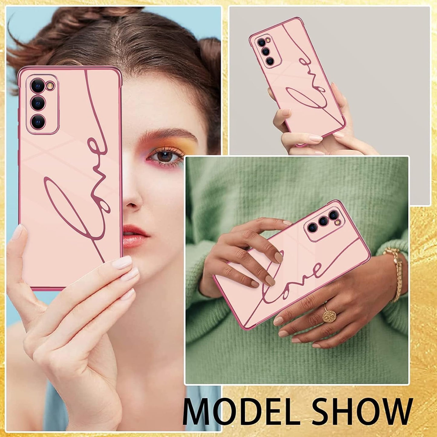 Eiyikof Compatible for Samsung Galaxy S20 FE 5G 6.5" Case with Cute Side Love Heart and Plating Love Letter Pattern Case for Women Girls Shockproof Soft TPU Full Camera Lens Protection Case-Pink  Eiyikof   