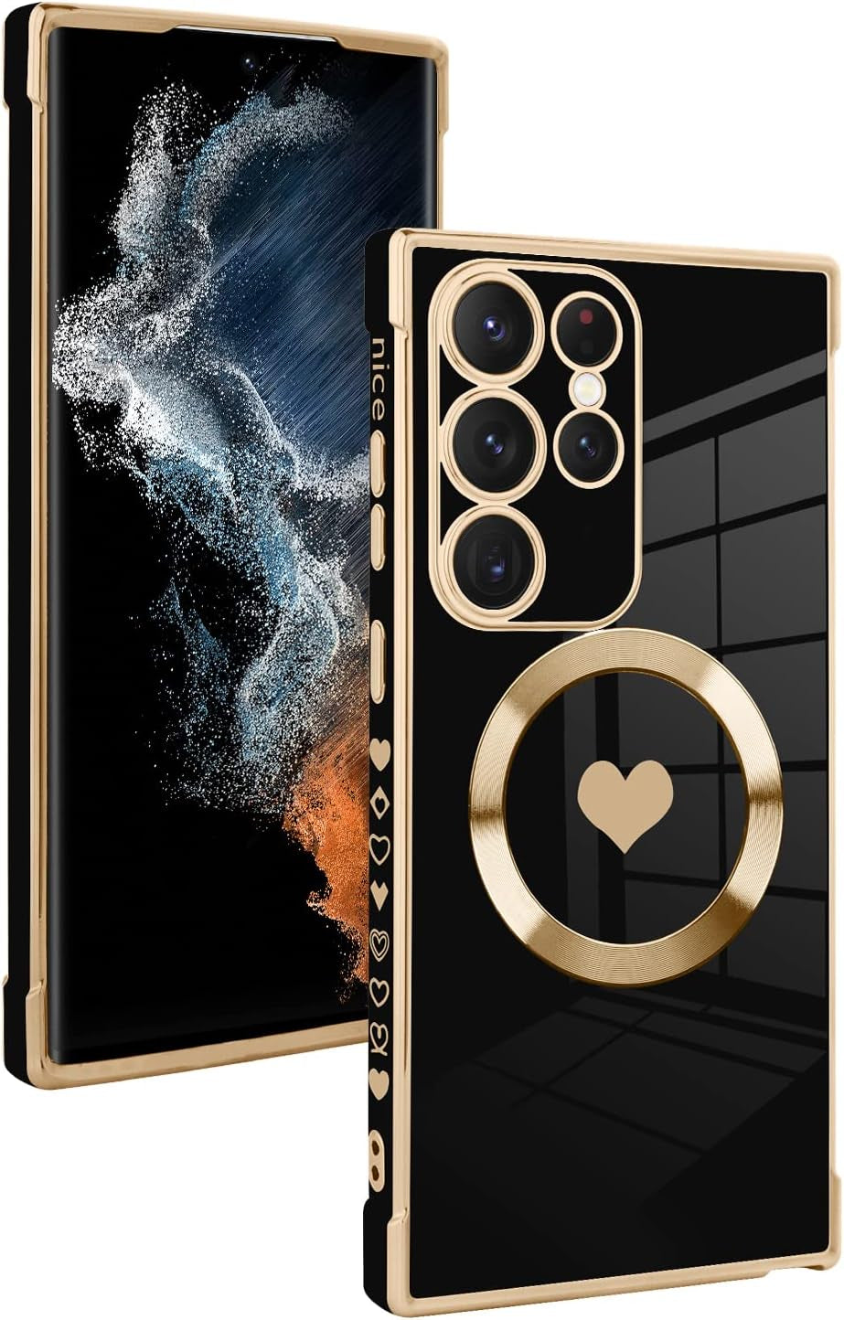 Fiyart Designed for Samsung Galaxy S22 Ultra Case Love Heart Design for Women Girls Soft TPU Plating Full Camera Lens Protection Phone Cover for Galaxy S22 Ultra 6.8"-Pink  Fiyart Black Love Heart  