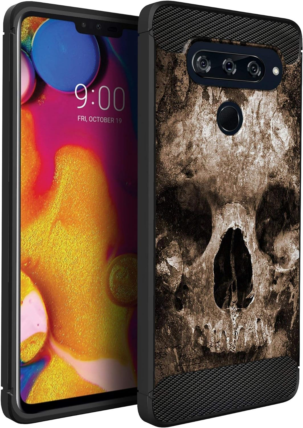Casesondeck Slim Case Compatible with [LG V40 Thinq] Thin Scratch Preventing TPU, Matte Finish Carbon Fiber Texture Edges (Flower Skull)  CasesonDeck Shadow Skull  