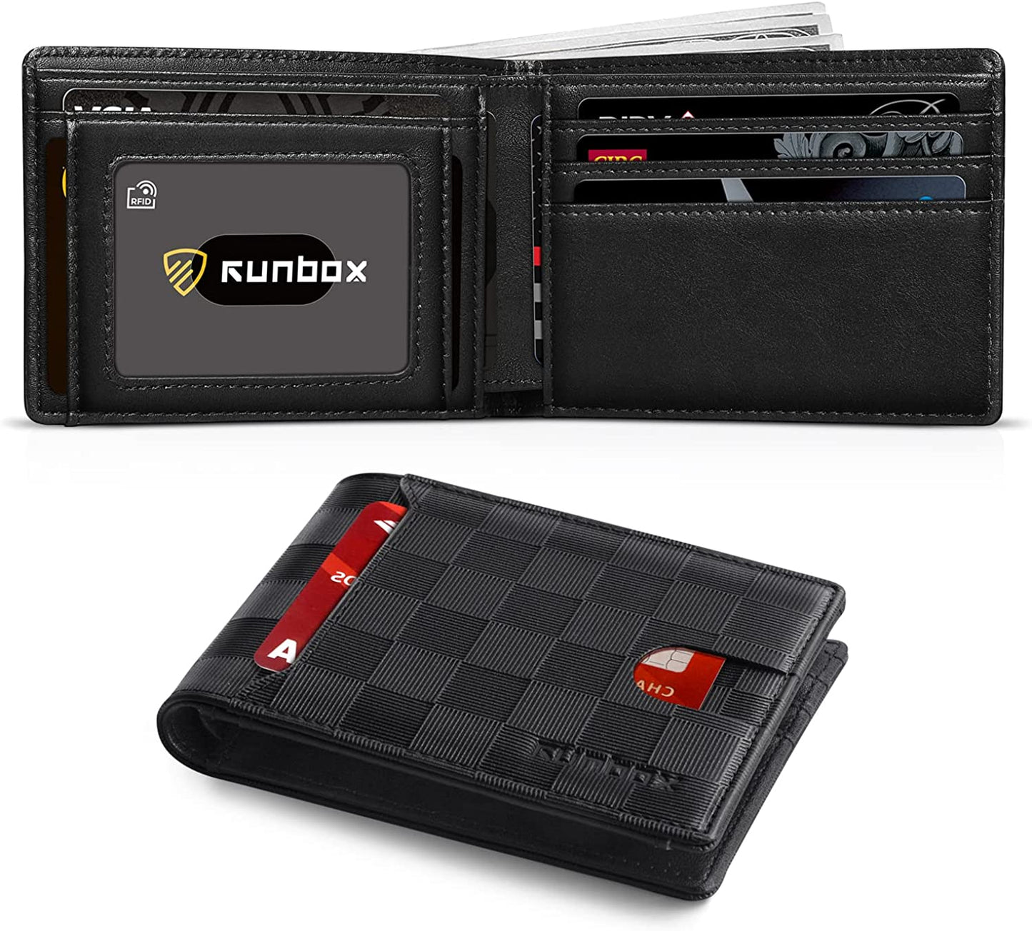 RUNBOX Bifold Slim Wallet for Men - Rfid Blocking Leather Front Pocket Men'S Wallet with Gift Box  RUNBOX carbon black& plaid  