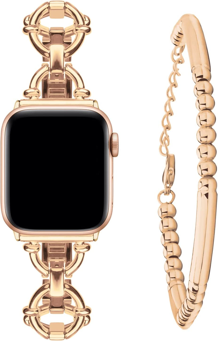 Wutwuk Compatible with Apple Watch Band 38Mm 40Mm 41Mm, Iwatch Bands Strap for Apple Watch SE Series 8 7 6 5 4 3 2 1, Women Dressy Roman Numerals Bangle Bracelets Set, Gold  wutwuk Rose Gold+Tube 38mm/40mm/41mm 