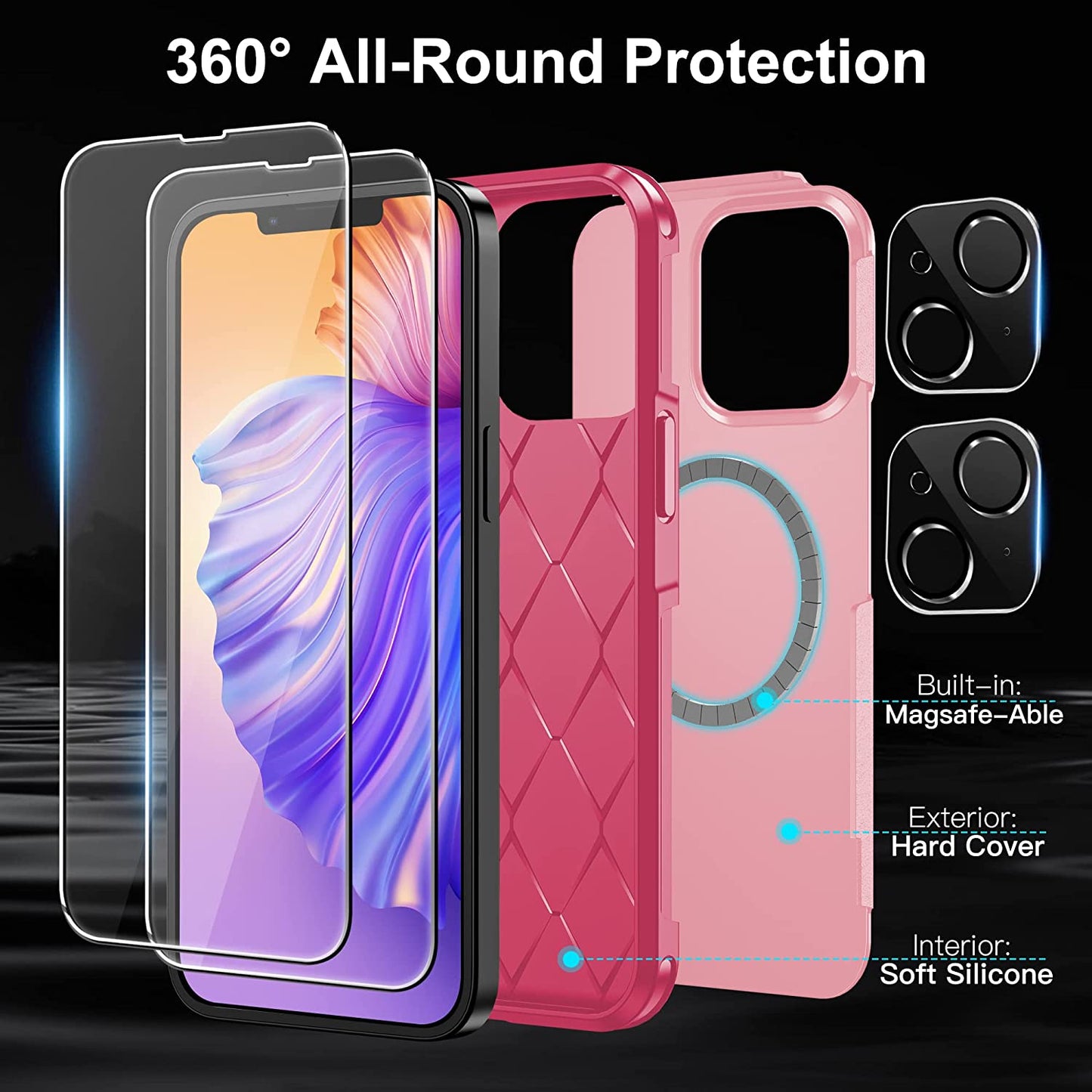Xiwxi Magnetic for Iphone 14 Case [Compatible with Magsafe][Military Grade Drop Protection] [Glass Screen Protector+Camera Lens Protector] Non-Slip Full-Body Shockproof Phone Case,Pink  xiwxi   
