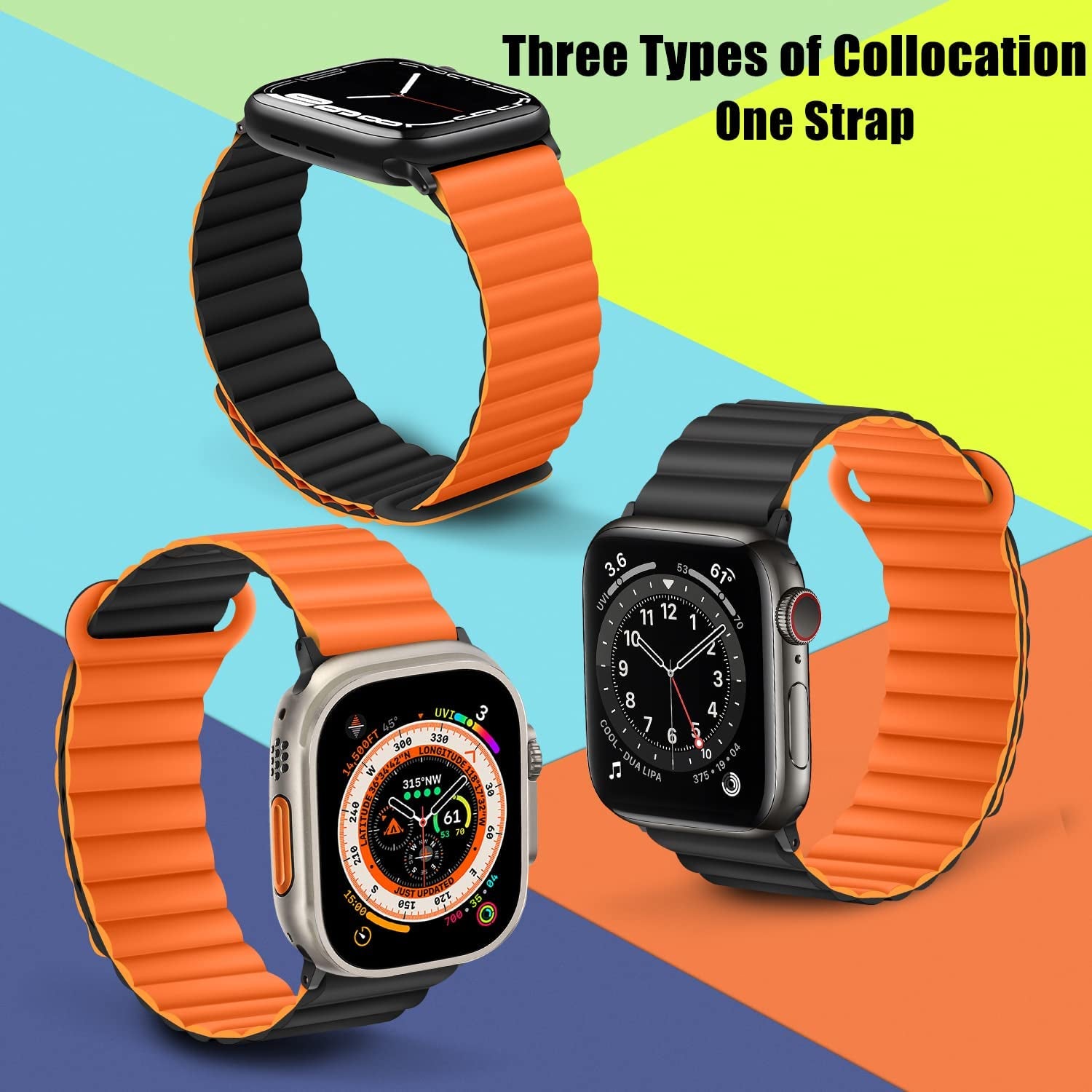 HITZEE Compatible with Apple Watch Band 49Mm 45Mm 44Mm 42Mm, Double Sided Wearable Silicone Magnetic Loop Bands Compatible for Apple Watch Ultra Series 8 7 SE 6 5 4 3 2 1, Orange Black  HITZEE   