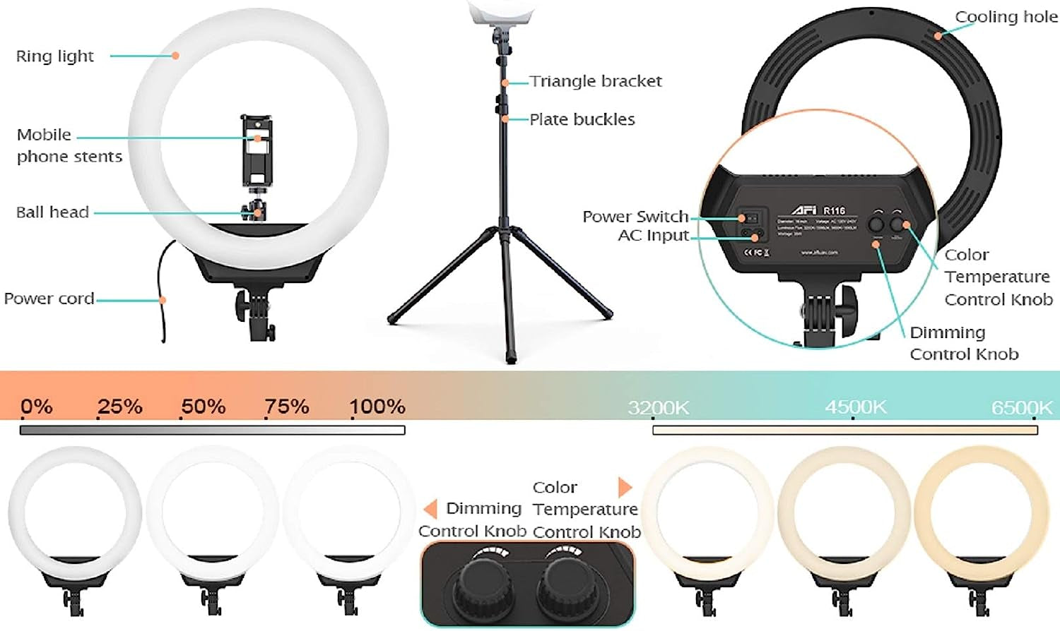 AFI 16" Selfie Ring Light with 3 Color Modes 79" Extendable Tripod Stand Phone Camera Holder, 320 Bulbs 6500K 10 Brightness Dimmable LED Carrying Bag for Photography Makeup Live Youtube Video Tiktok  AFI   