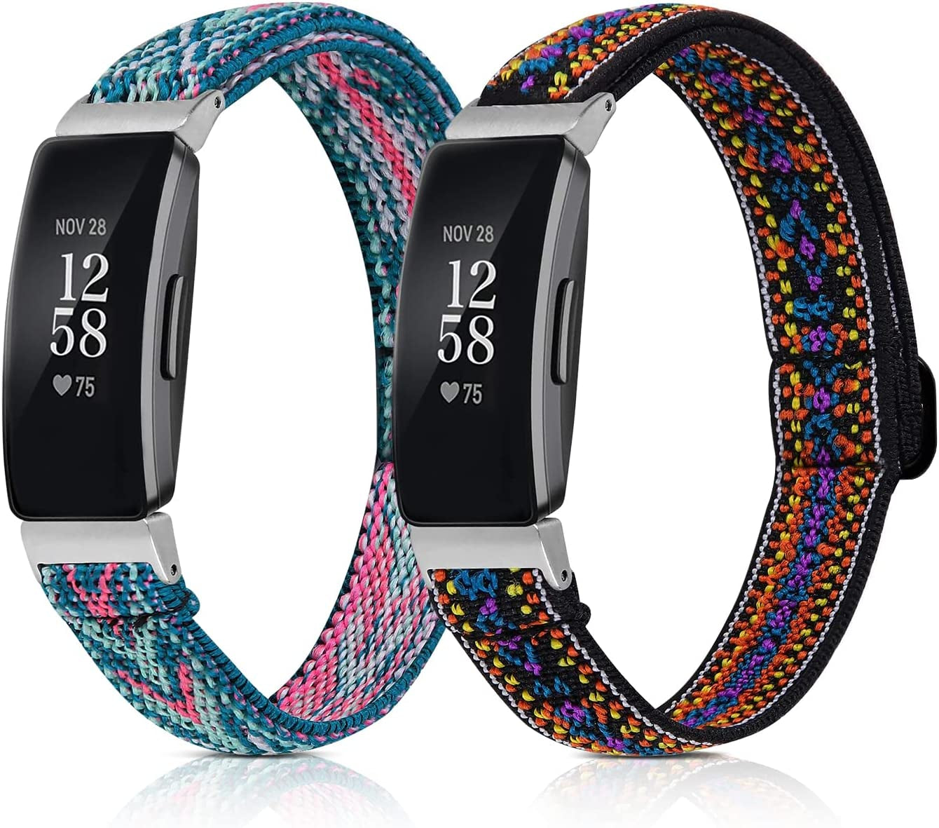 5 Pack Elastic Bands Compatible with Fitbit Inspire 2 / Inspire HR / Inspire / Ace 3 / Ace 2, Soft Loop Nylon Fabric Breathable Stretchy Replacement Straps Accessory Wristband for Women Men  POHNUI Arrow Green + Ethnic Blue  