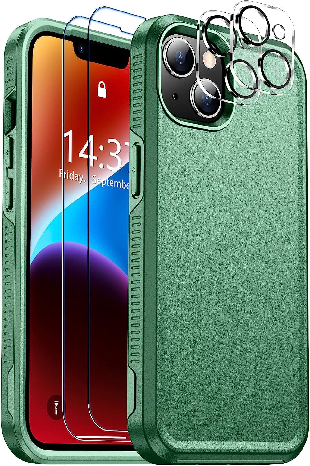 Justcool Designed for Iphone 14 plus Case, [Crystal Clear Not Yellowing] with [2 Pcs Tempered Glass Screen Protectors & 2 Pcs Camera Lens Protector] Slim Thin Protective Phone Case (Clear)  Justcool Pine Green Iphone 14 Plus 