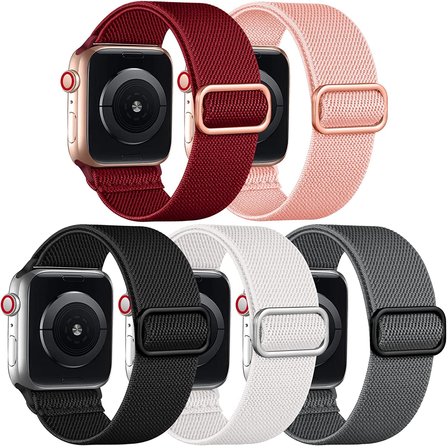 Adorve 5 Pack Stretchy Solo Loop Bands Compatible with Apple Watch Ultral Band 38Mm 40Mm 42Mm 44Mm 41Mm 45Mm 49Mm for Women Men, Soft Nylon Elastic Braided Strap for Iwatch SE Series 8/7/6/5/4/3/2/1  Adorve Black/White/Gray/Pink/Red 38mm/40mm/41mm 