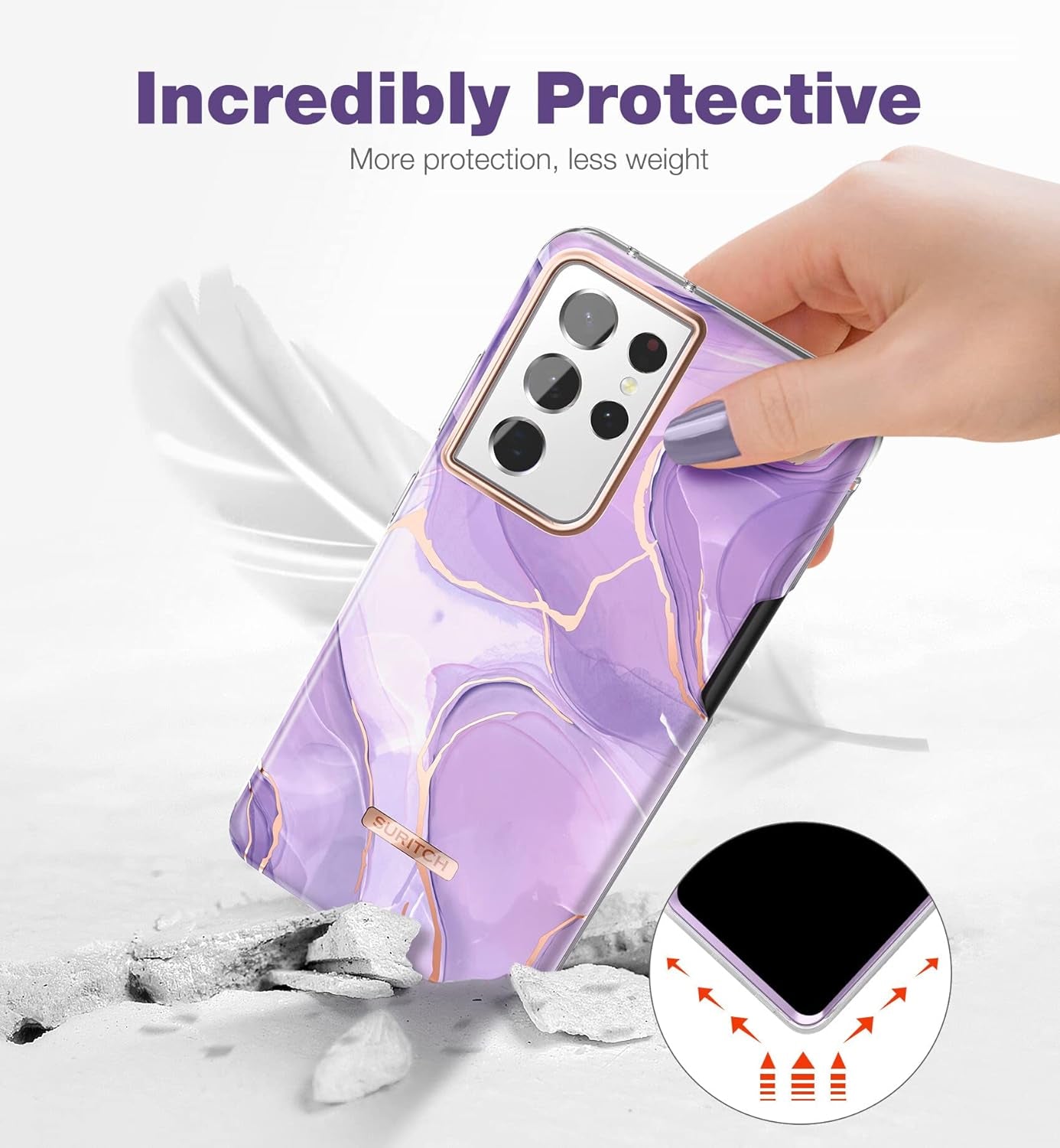SURITCH Phone Case for Samsung Galaxy S21 Ultra with S-Pen Holder Front Cover Built-In Screen Protector Upgraded Dual-Layer Full Body Protection Anti-Scratch Shockproof for Woman Man, Purple Marble  SURITCH   
