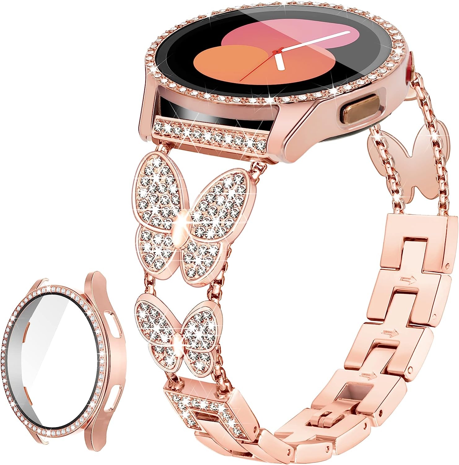G-Ficu Galaxy Watch 4 Band 20Mm Butterfly Band for Samsung Galaxy Watch 5 & 4 Band 40Mm 44Mm, Women Bling Diamond Slim Band, Cute Luxury Metal Band for Watch 5 Pro/Watch 4 Classic 42Mm 46Mm/Watch 3 41Mm/Active 2(Rose Gold)  Green ficus 【Shiny Rose Gold】 Band & Case (For Galaxy Watch 4 & 5) 20mm Width + 40mm Case 