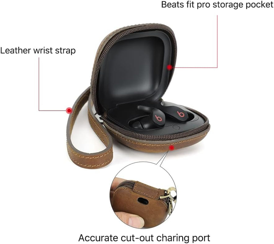 Leather Case for Beats Fit Pro,Hiram Crazy Horse Cowhide Leather Portable Travel Case for Beats Fit Pro,Wireless Earphone Cases for Beats Fit Pro Charging Case(Brown)  Hiram   