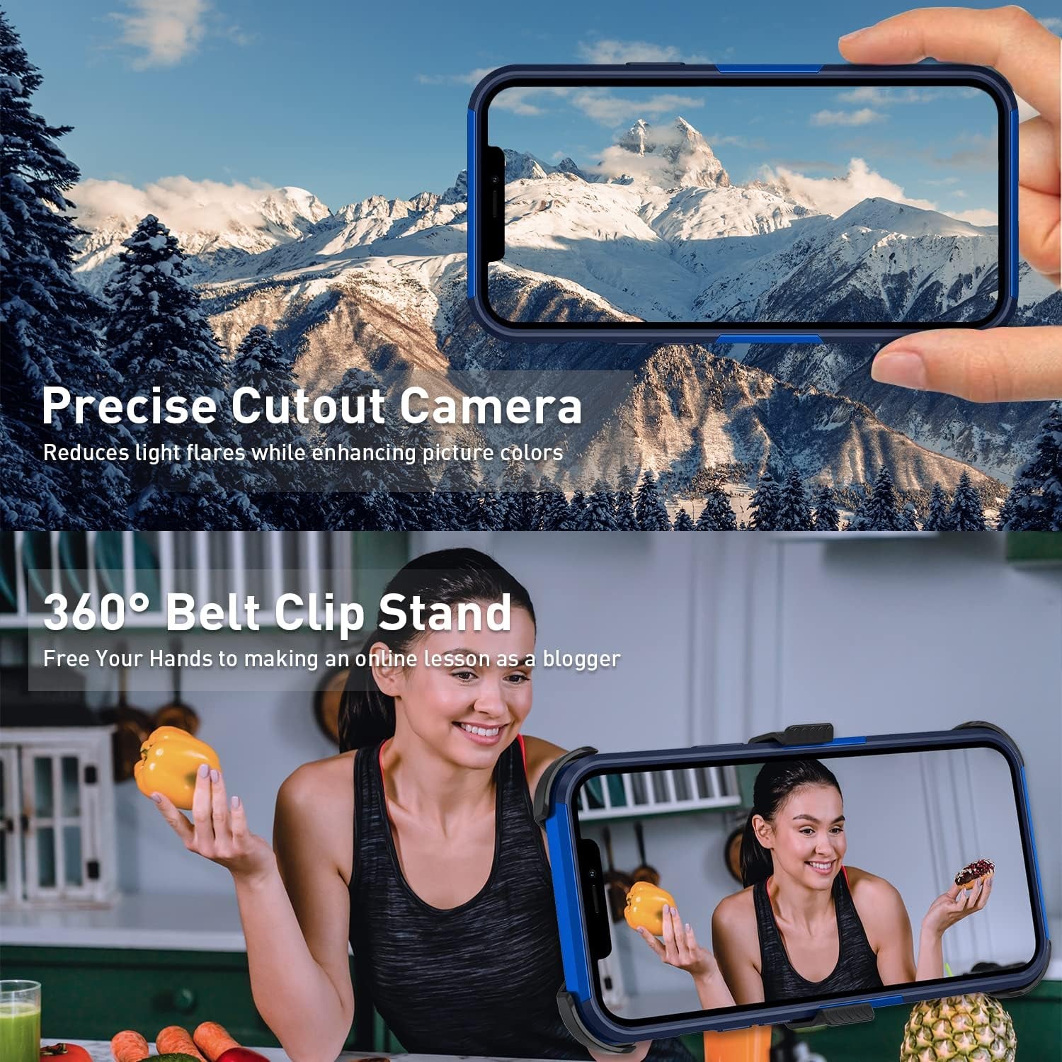 Xmon for Iphone 12 Pro Max Phone Case, [Shockproof] [Belt Clip Kickstand] [Tempered Glass Screen Protector with Camera Lens Protector] Heavy Duty Cover for Iphone 12 Pro Max 6.7 Inch (Blue)  Xmon   