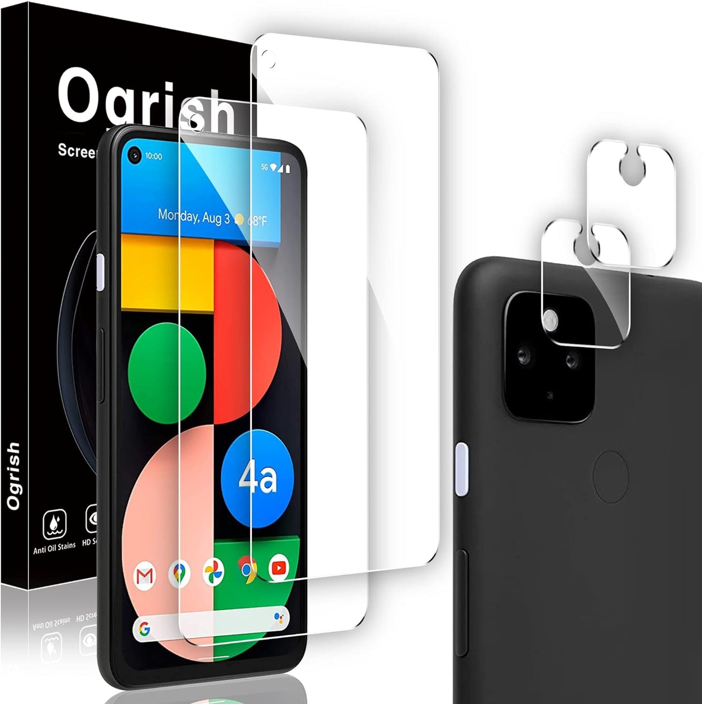 Ogrish 2 Pack Tempered Glass Screen Protector for Google Pixel 4A 5G 6.2 Inch (Not for 4A 4G 5.81 Inch)- and 2 Pack Camera Lens Protector【Hd Clarity】【Anti-Scratch】【Case Friendly】【Anti-Fingerprint】  Ogrish   