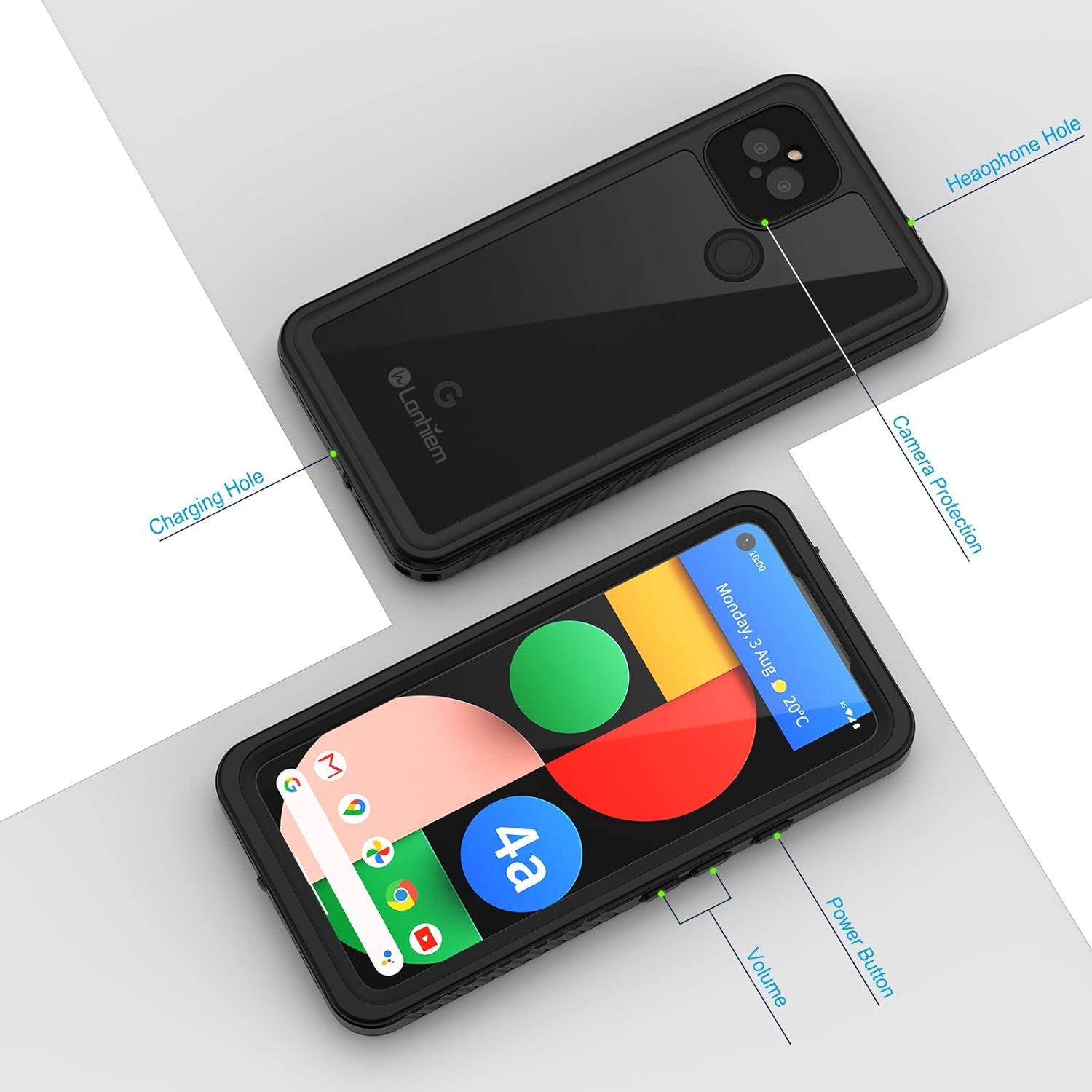 Lanhiem Pixel 4A 5G Case, IP68 Waterproof Dustproof Case [NOT Fit 4G Version] with Built-In Screen Protector, Full Body Protective Cover for Google Pixel 4A 5G Only, Black/Clear  Lanhiem   