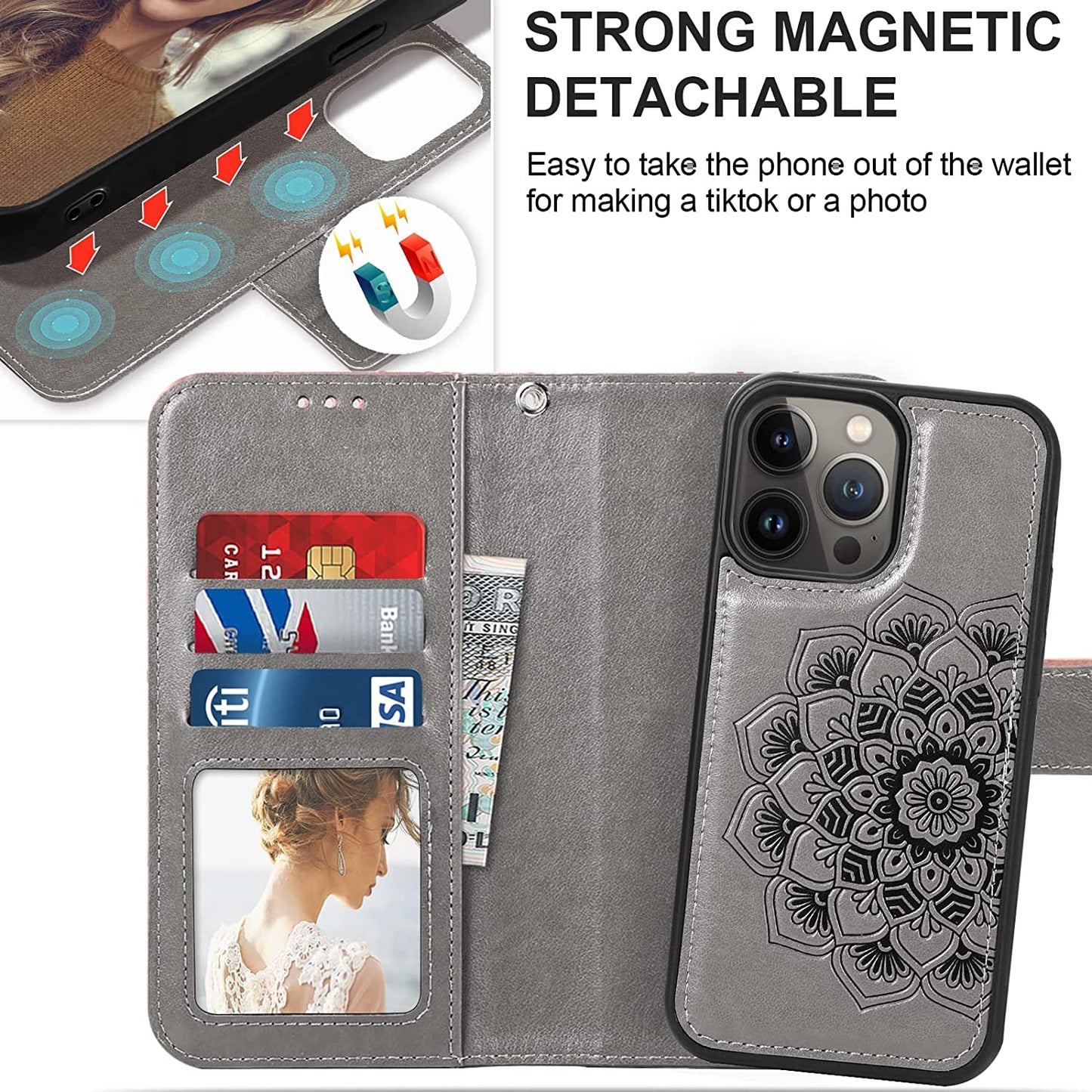 CASEOWL Compatible for Iphone 14 plus Wallet Case [Support Magsafe Charger] 2 in 1 Magnetic Detachable [RFID Blocking] Mandala Embossed Flip Leather Wallet Case with Card Holder,Strap for Women-Gray  CASEOWL   