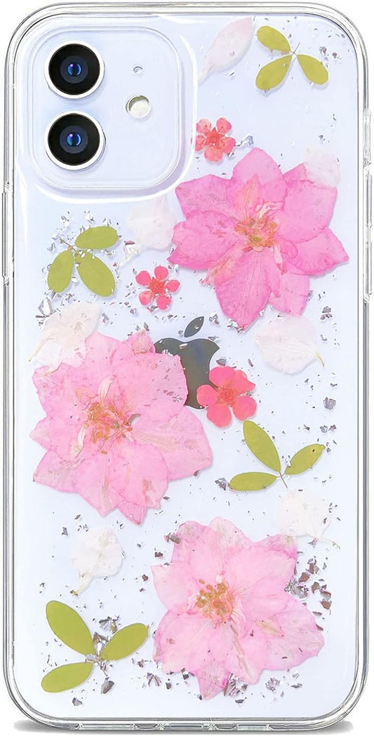 Abbery Designed for Iphone 12 Mini Case Glitter Flower Cute Bling Sparkle Clear with Design Soft Silicone TPU Real Dried Pressed Flowers Floral Aesthetic Phone Cover for Women Girls (3 Pink Flower)  Abbery   