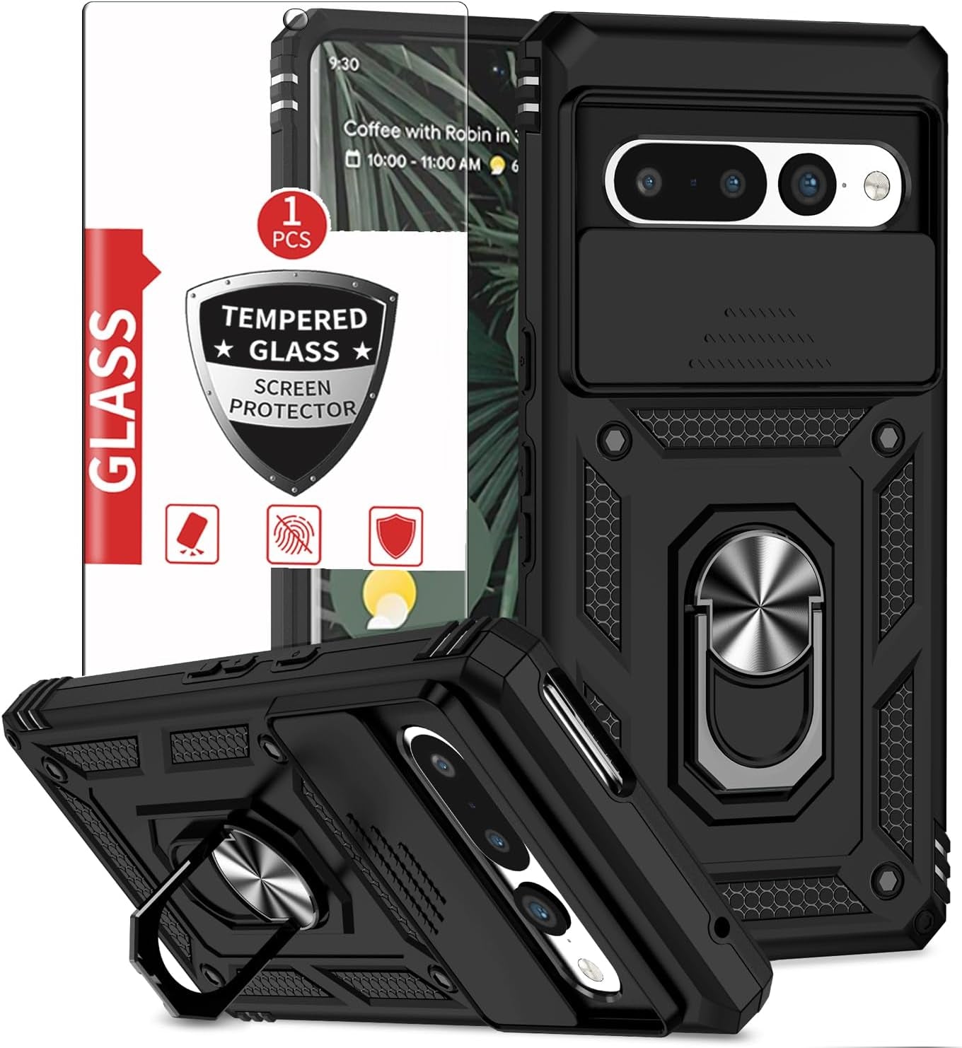 IYTRRYH for Google Pixel 6 Pro Case 5G with Tempered Glass Screen Protector with Magnetic Car Kickstand Ring&Camera Cover Shockproof Military Grade Drop Heavy Duty Protection Men Pixel 6 Pro 6.7'Black  IYTRRYH Black Google Pixel 7 Pro 