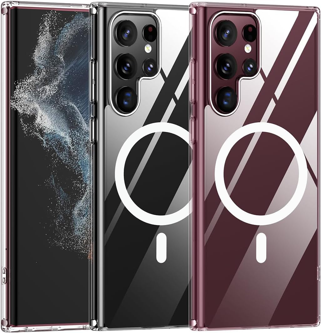 TIANNIUKE Magnetic Case for Samsung Galaxy S22 Ultra, [With Camera Lens Protector] Compatible with Magsafe,Slim Fit Shockproof Protective Phone Case for Samsung S22 Ultra 6.8" 2022 (Burgundy)  TIANNIUKE Clear  