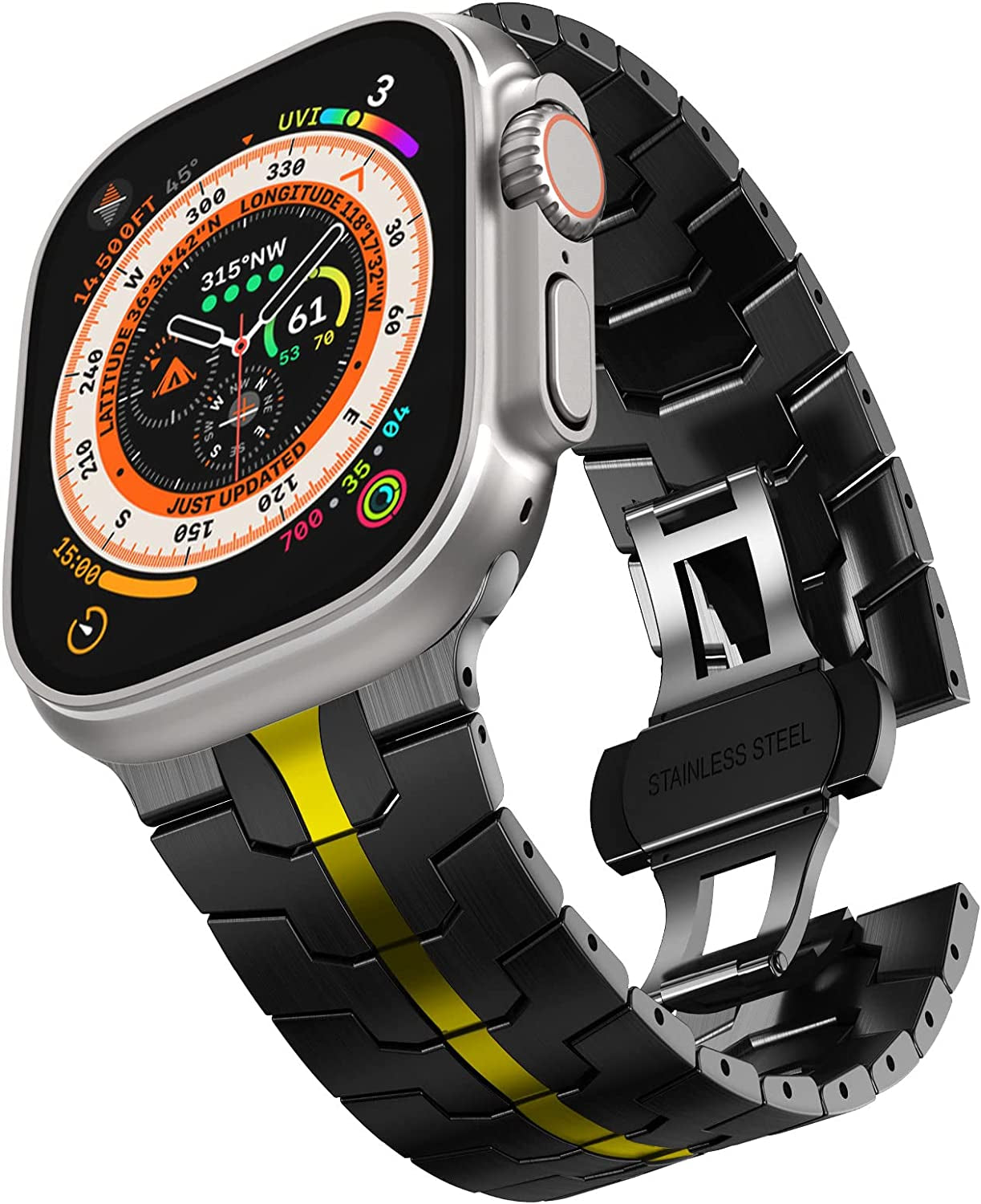 CHANCHY Stainless Steel Band for Apple Watch Ultra Band 49Mm 45Mm 44Mm 42Mm 38Mm 40Mm 41Mm, Metal Strap with Folding Clasp for Apple Watch Series 8 7 6 5 4 3 2 1 SE Men (Black, 49Mm 45Mm 44Mm 42Mm)  CHANCHY Black/Gold 42mm/44mm/45mm/Ultra 49mm 