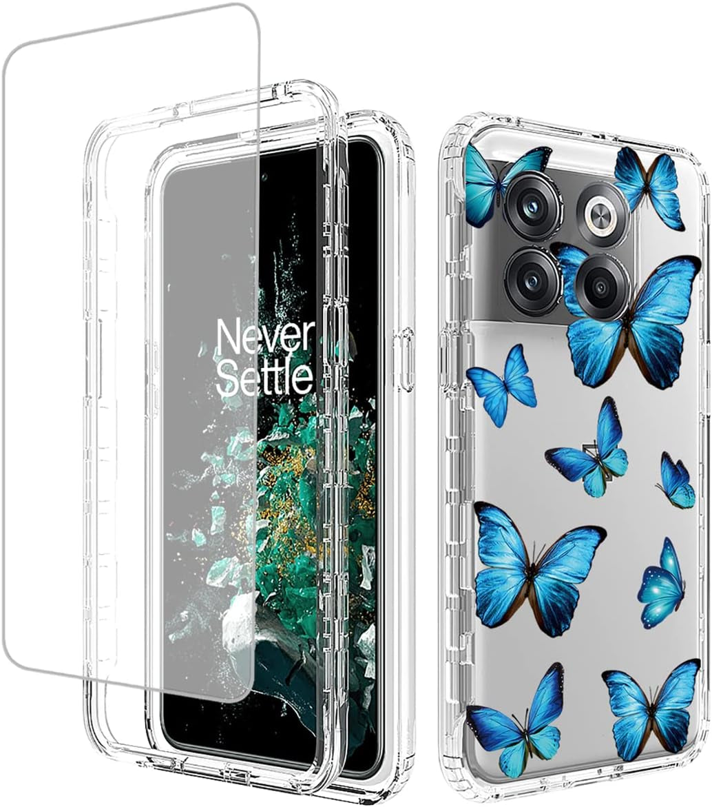 Ueokeird Case for Oneplus 10T 5G/Oneplus Ace Pro Case, CPH2415 Case with Tempered-Glass Screen Protector, Clear Floral Pattern Full Body Protective Phone Cover Cases for Oneplus 10T 5G (Purple Flower)  Ueokeird Blue Butterfly  