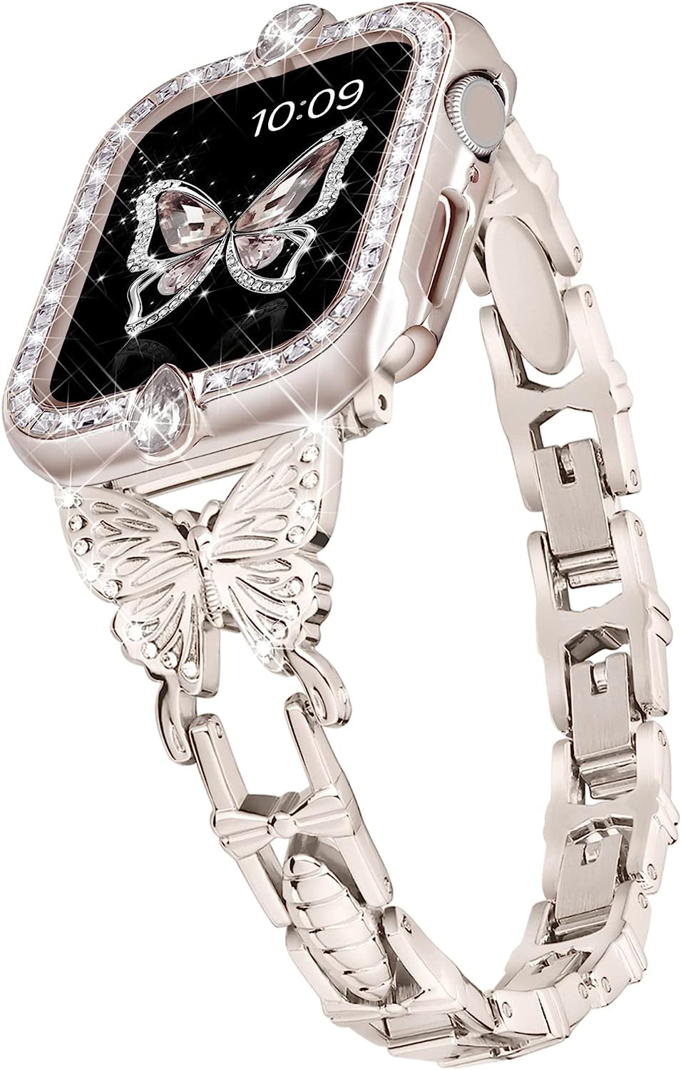 Wipalor Compatible with Apple Watch Band 42Mm 44Mm 45Mm 49Mm, Lightweight for Women, Easy Adjustable Bracelet, Shiny Diamond on Butterfly, Jewelry Metal Strap for Iwatch Series 8 7 6 5 4 3 2 1 SE Ultra(Rose Gold)  NB-tech Company White Diamond Case&Starlight Band Case+Band 45mm 