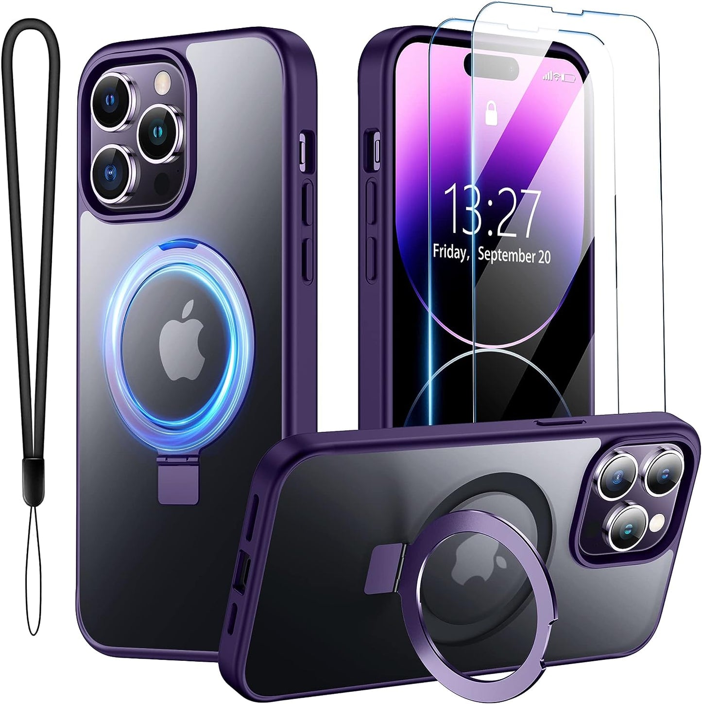 SPIDERCASE for Iphone 14 plus Case with Magnetic Invisible Stand,[Compatible for Magsafe][Military Grade Shockproof][2 Pack Tempered Glass Screen Protector] Translucent Matte Phone Case, Black  SPIDERCASE Purple Iphone 14 Pro Max 