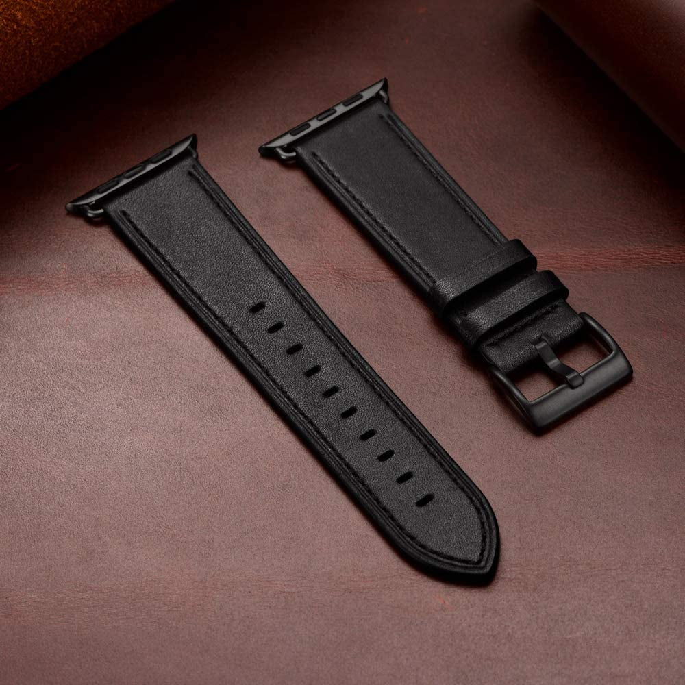 OUHENG Compatible with Apple Watch Band 49Mm 45Mm 44Mm 42Mm, Genuine Leather Band Replacement Strap Compatible with Apple Watch Ultra Series 8/7/6/5/4/3/2/1/SE/SE2, Black Band with Black Adapter  OUHENG   