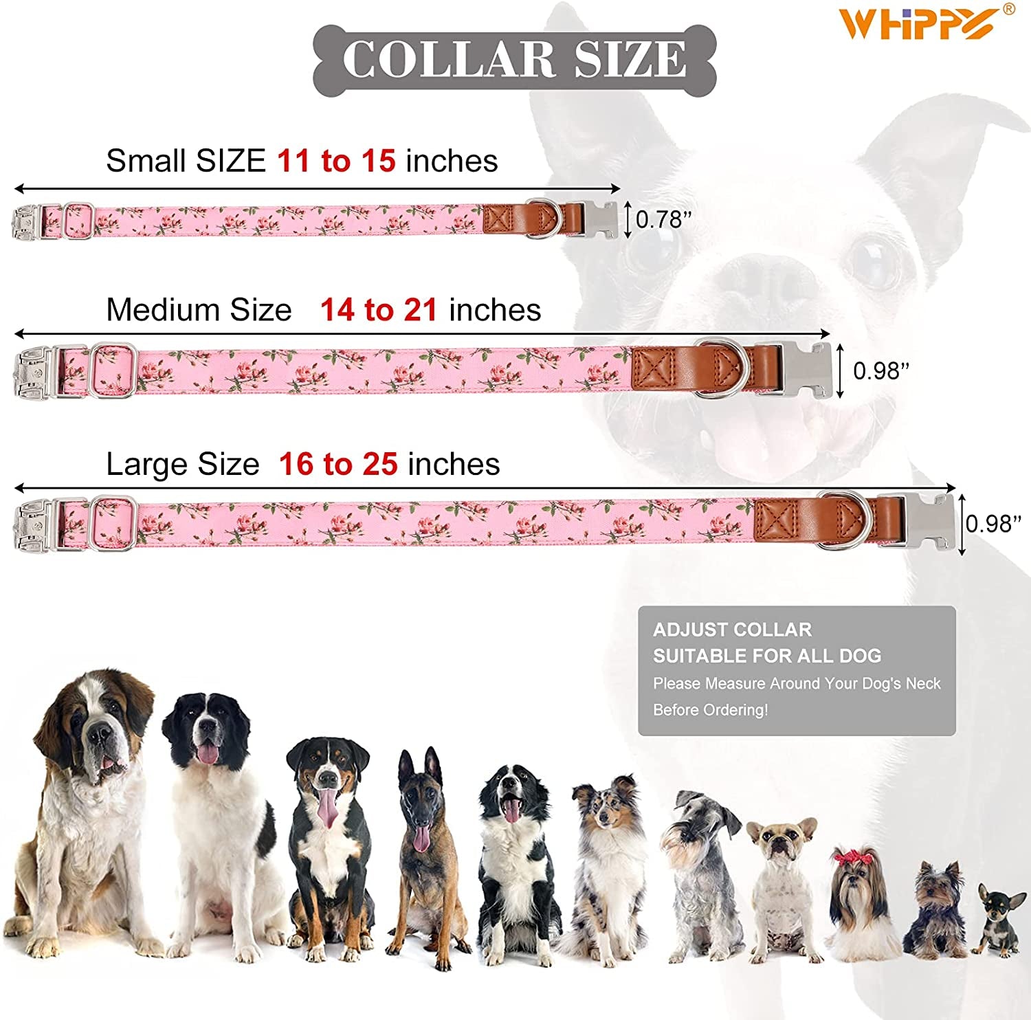 WHIPPY Girl Floral Dog Collar Cute Pink Flower Print Puppy Collar Adjustable Heavy Duty Nylon Collar with Metal Buckle Soft Comfortable Collar for Small Medium Large Dog Pet,M,Flower Pink  WHIPPY   