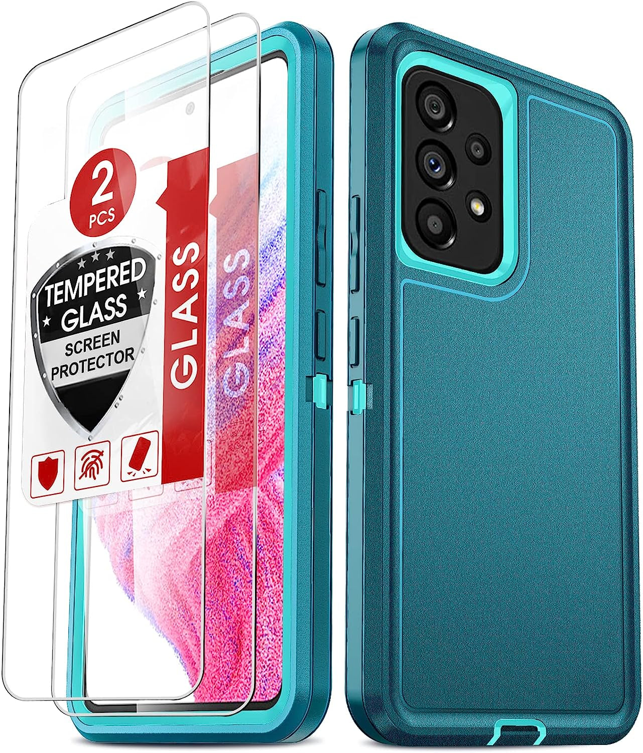 Leyi for Galaxy A53 5G Case: 3-In-1 Rugged Defender Protection with 2 Tempered Glass Screen Protectors, Shockproof & Dustproof - Black  LeYi Teal/Black  