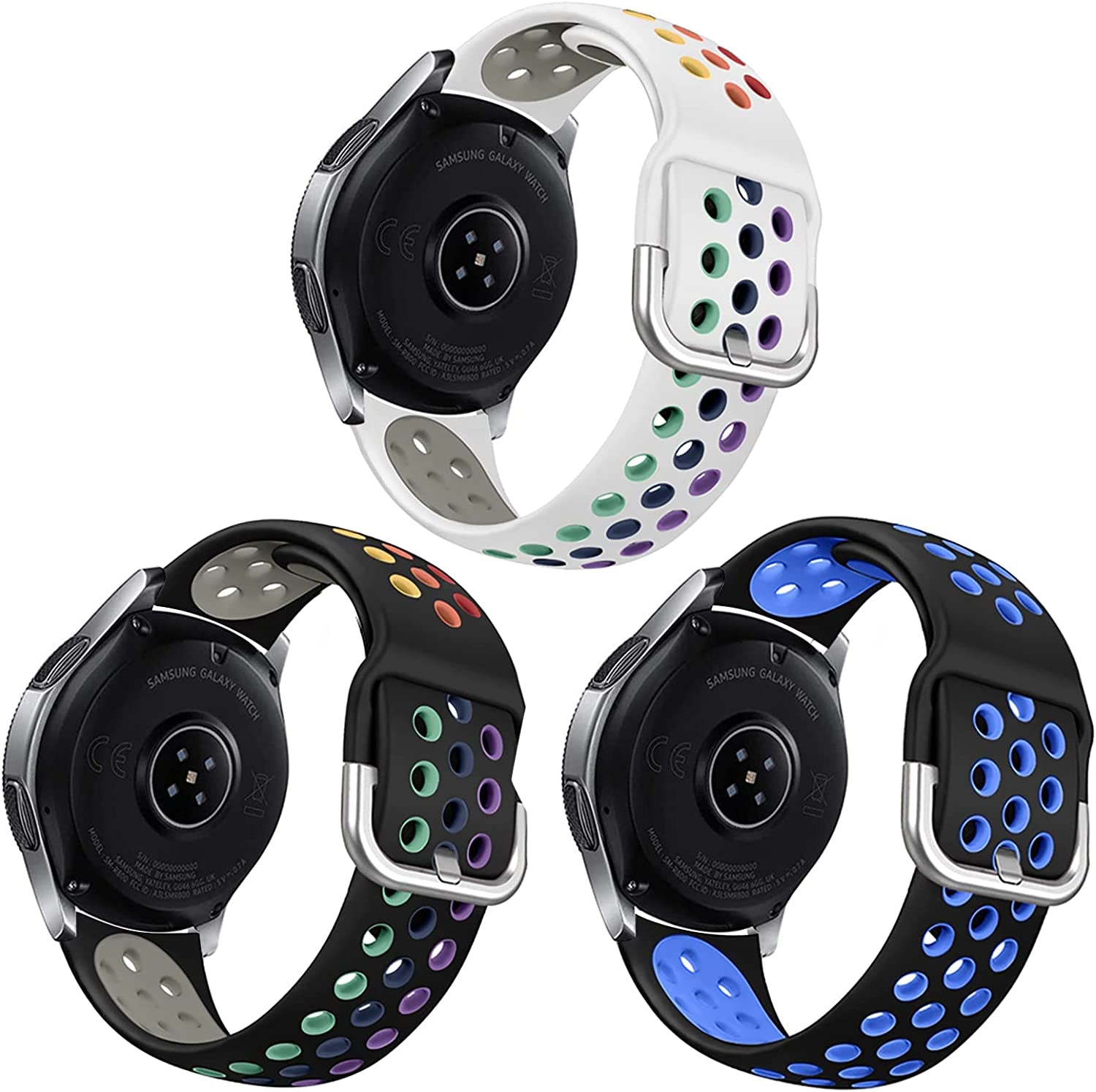 NAHAI 3 Pack Sport Bands Compatible with Samsung Galaxy Watch 46Mm/Gear S3 Frontier for Men Women, 22Mm Watch Band Silicone Quick Release Rubber Replacement Strap for Galaxy Watch 3 LTE (45Mm)  NAHAI Black/Gray, White Rainbow, Black Rainbow S: 5.9"-7.6" 