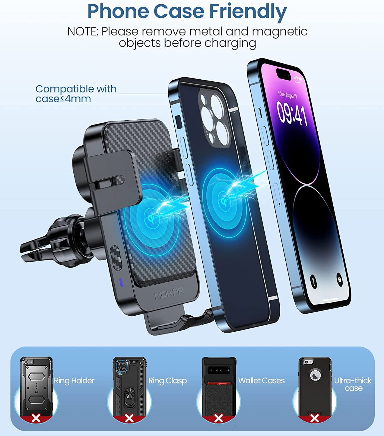 Wireless Car Charger, MOKPR 15W Fast Charging Auto-Clamping Car Mount Universal Hands-Free Car Charger Mount for Dashboard Windshield Air Vent Compatible with Iphone 14/13/12, Samsung S23/S22/S21,Etc  MOKPR   