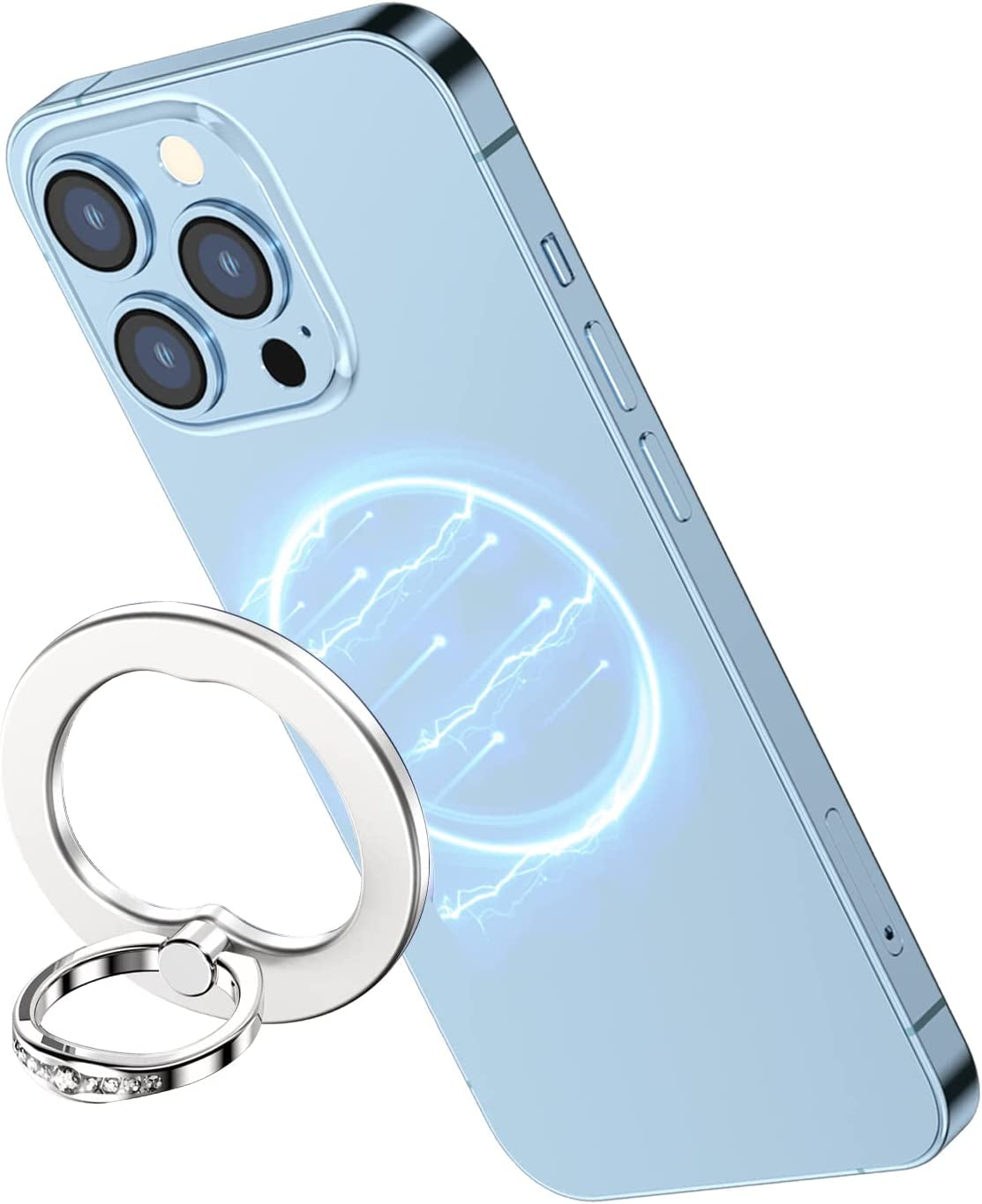 AUROX Magnetic Phone Ring Holder for Iphone 14 13 12 Magnetic Phone Grip for Magsafe Accessories 360° Rotation Adjustable Phone Finger Ring Stand【Removable for Wireless Charging】(Light Blue)  AUROX Silver  