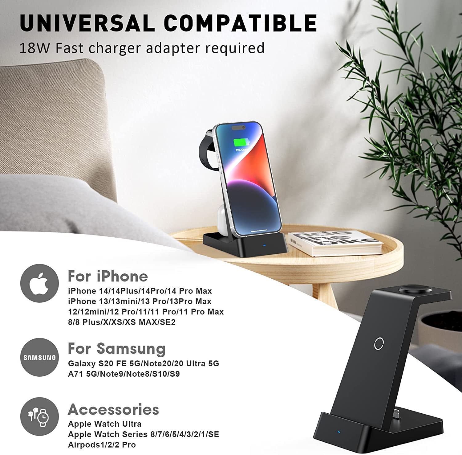 Wireless Charging Station, 18W Fast Wireless Charger for Iphone 14/13/12/11/Pro/Max/Se/Xs/Xr/X/8 Plus/8, 3 in 1 Wireless Charging Dock Stand for Apple Watch Series & Airpods (With Adapter)  Fuvuan   