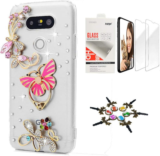 STENES Bling Case Compatible with LG V40 Thinq - Stylish - 3D Handmade [Sparkle Series] Pretty Butterfly Ring Stand Design Cover with Screen Protector [2 Pack] - Pink  STENES   