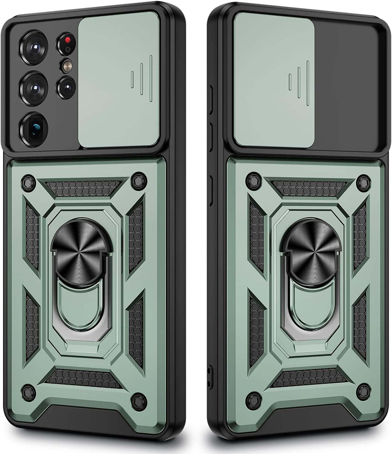 VEGO for Galaxy S21 Ultra Case with Slide Camera Cover, Built-In 360° Rotate Ring Kickstand Magnetic Cover Case for Samsung Galaxy S21 Ultra 5G 6.8 Inch - Black  VEGO Green  