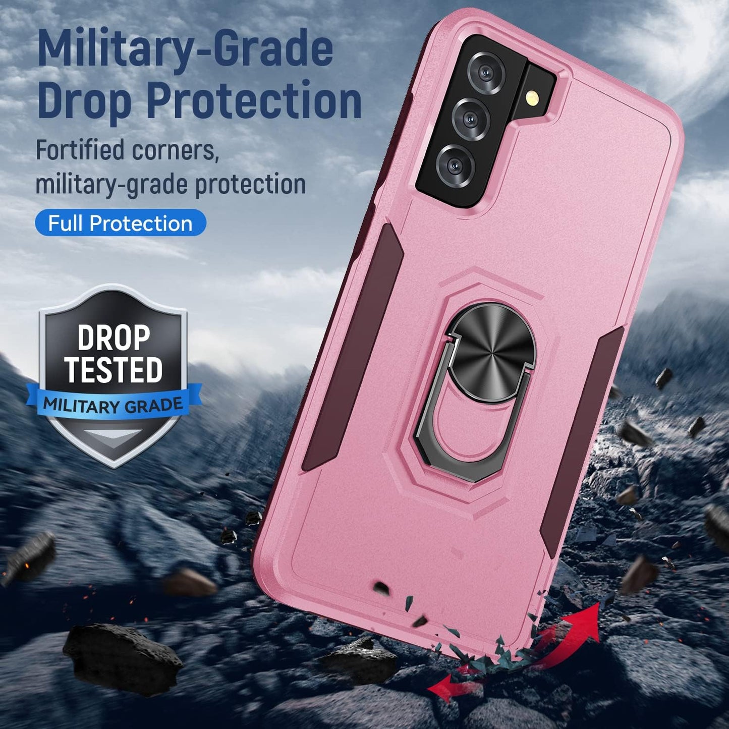 KSELF Galaxy S21 5G Case with Tempered Glass, Shockproof Military-Grade Phone Cover & Ring Kickstand, 6.2" (Pink)  KSELF   
