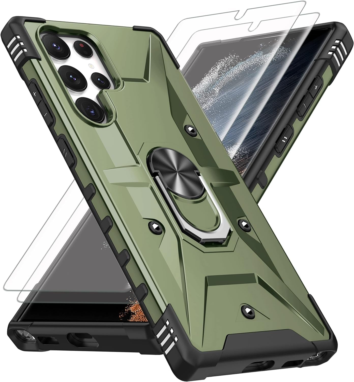 AKINIK for Samsung Galaxy S22 Ultra Case, S22 Ultra Case with Self Healing Flexible TPU Screen Protector [2 Pack], Military Grade with Kickstand Case for Galaxy S22 Ultra 5G-Red  AKINIK Wj- Army Green  