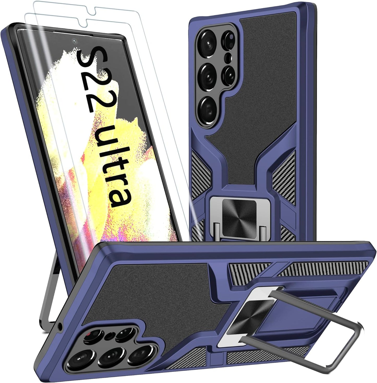 AKINIK for Samsung Galaxy S22 Ultra Case, S22 Ultra Case with Self Healing Flexible TPU Screen Protector [2 Pack], Military Grade with Kickstand Case for Galaxy S22 Ultra 5G-Red  AKINIK Blue  